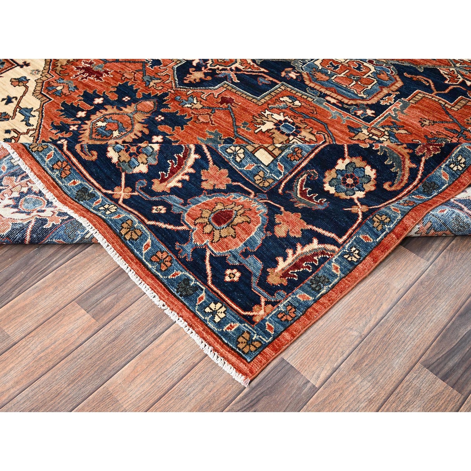 8’x10’10” Rust Orange Seeripe Heris with Medallion Design Wool Hand Knotted Rug