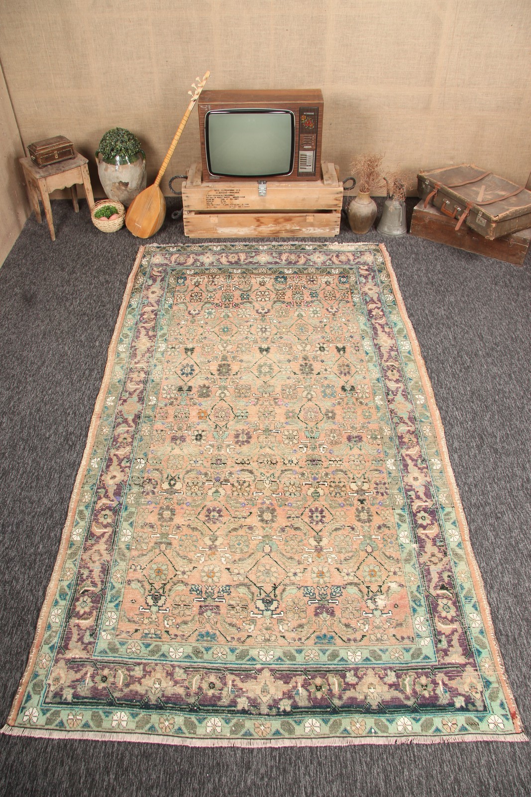 Vintage Rug Rug 5,1×9,4 ft, Green Copper Floral Turkish Rug