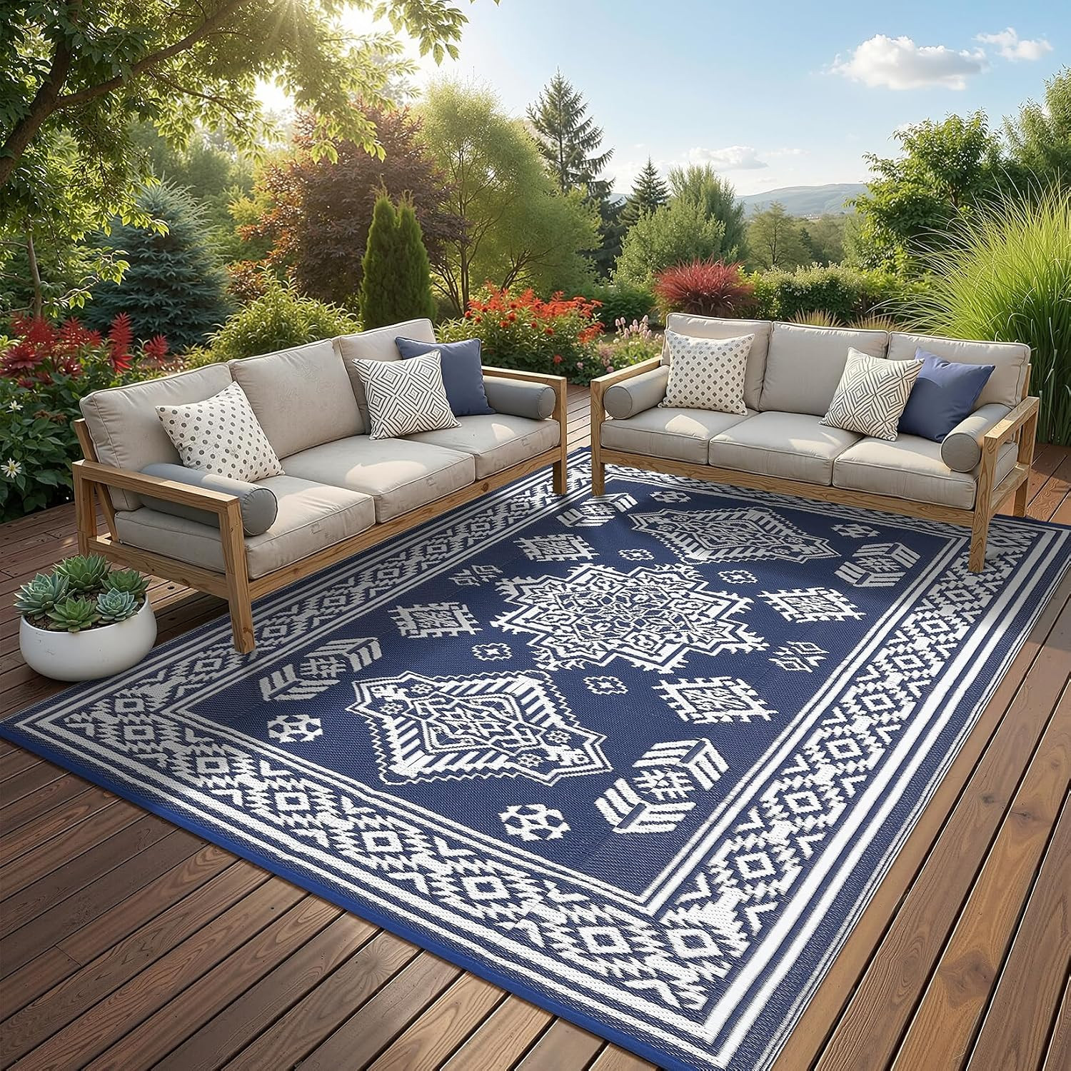 Waterproof Plastic Straw Outdoor Rug 9X18 Patio Reversible UV Resistant Foldable