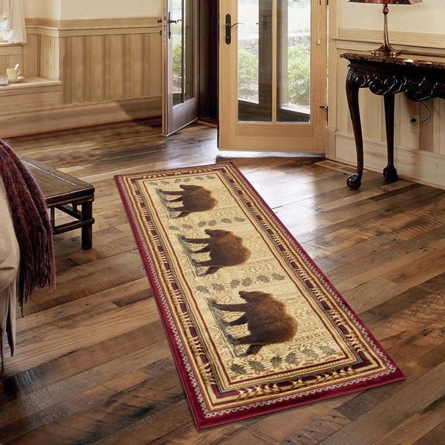 Conrad Home Cabin Life 2’7” x 7’3” Lodge Runner, Red SW/Bear – CBL30072-7