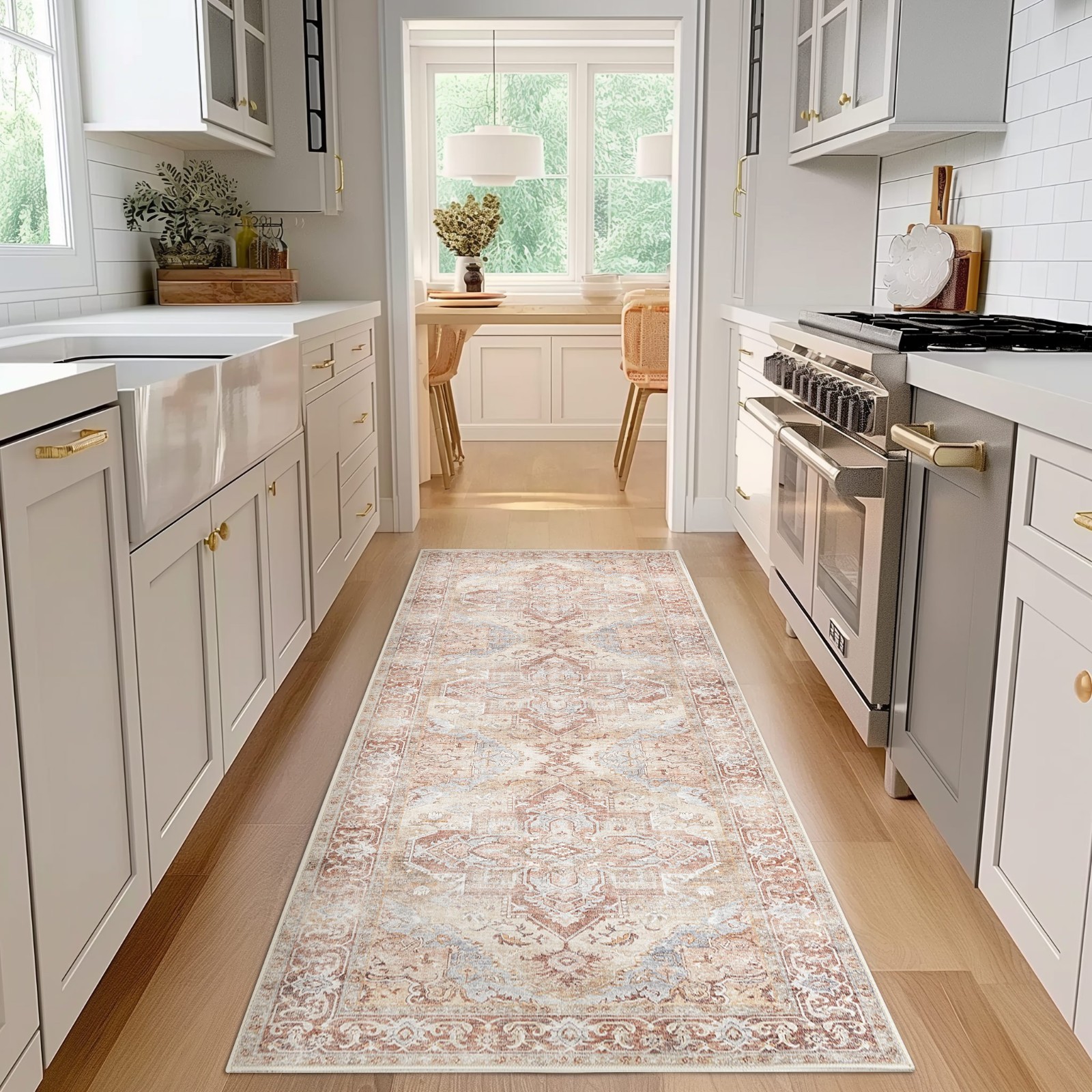 2×7 ft Area Rug Washable Rug Vintage Thin Rug Floral Non Slip Carpet red