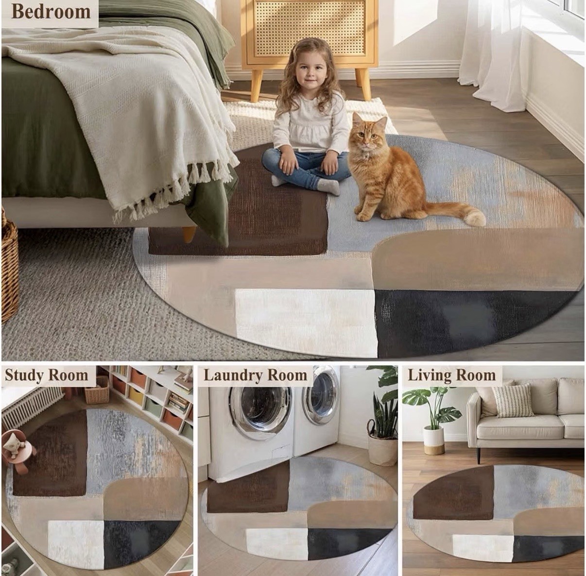 3.3’ Round Abstract Area Rug Brown Black White Washable Non-Slip Modern NEW