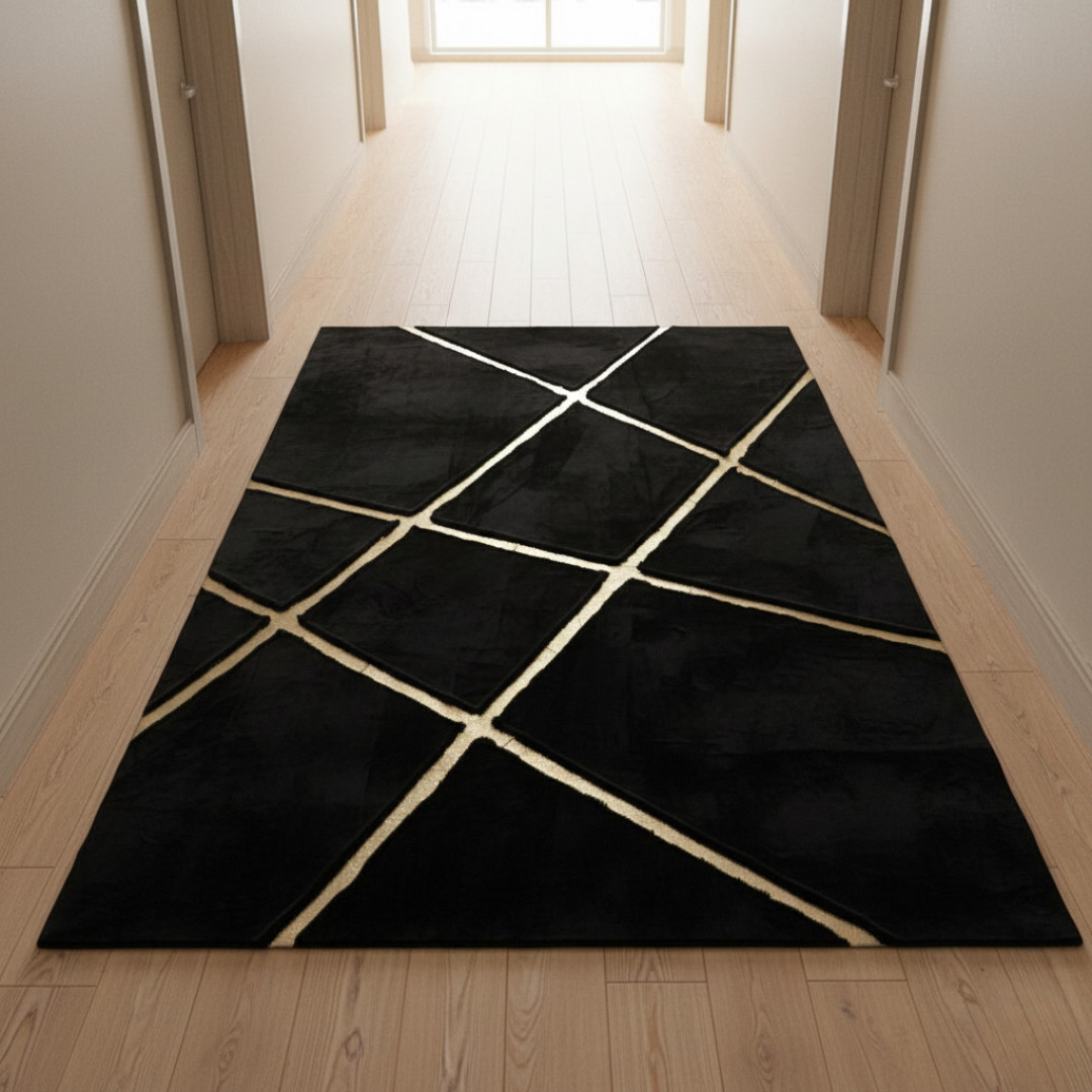 Luxury Plush Rug 8×10 Ft Black Gold Geometric Lines Soft Area Carpet Handmade
