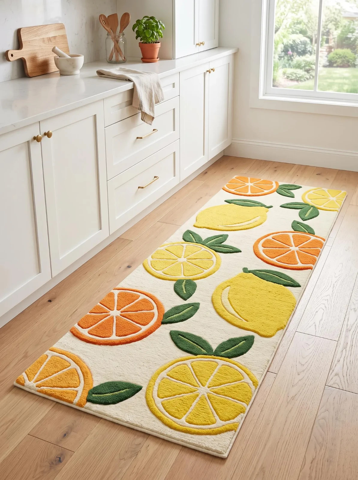 Citrus Kitchen Runner Rug, Hand Tufted Wool Lemon Orange Carpet for Hallway