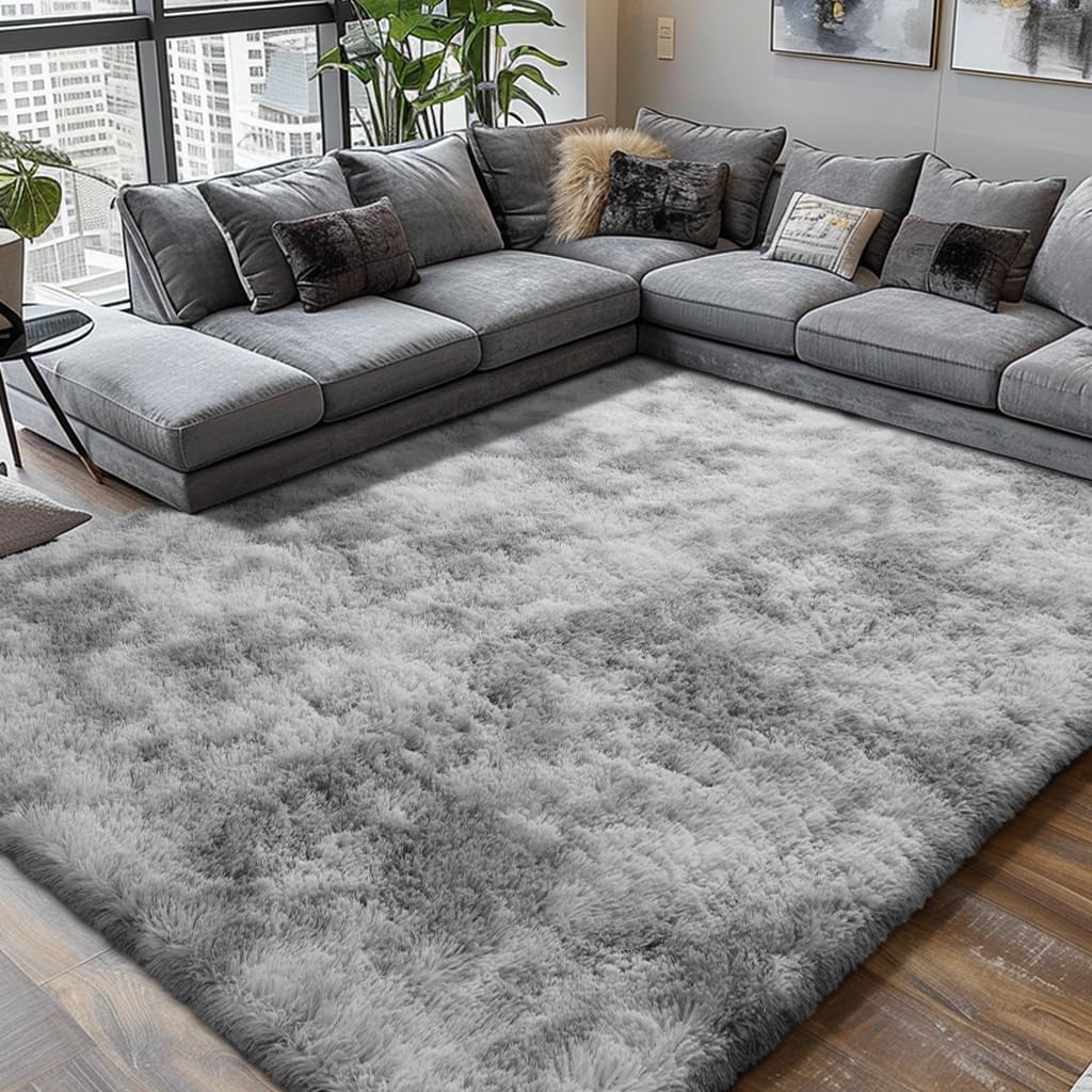 Shag Area Rug 8×10 Ultra Soft Fluffy Carpet Bedroom Living Room Tie-Dye Gray