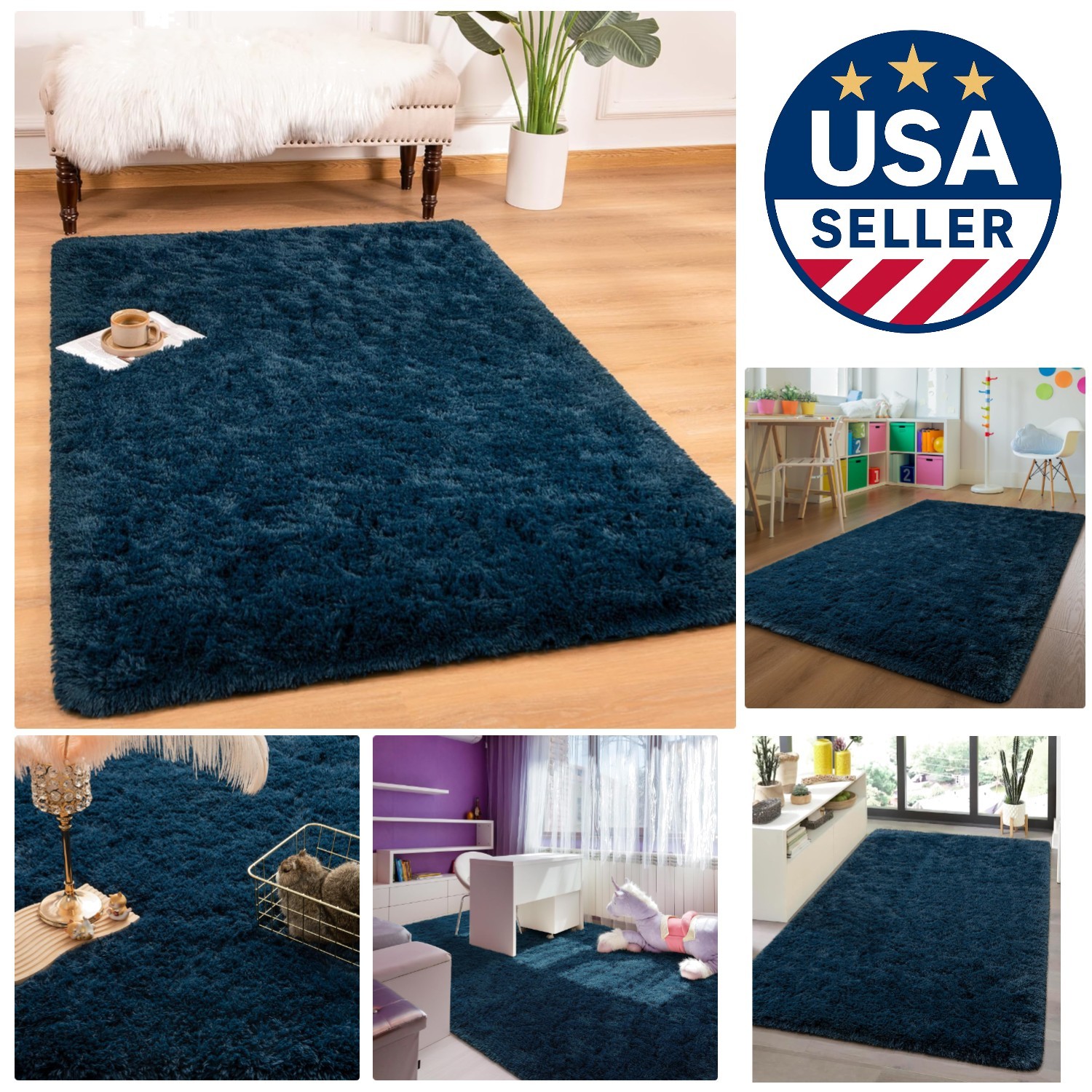 Navy Blue Shag Area Rug 4×6 Feet – Soft Plush Indoor Carpet for Stylish Rooms
