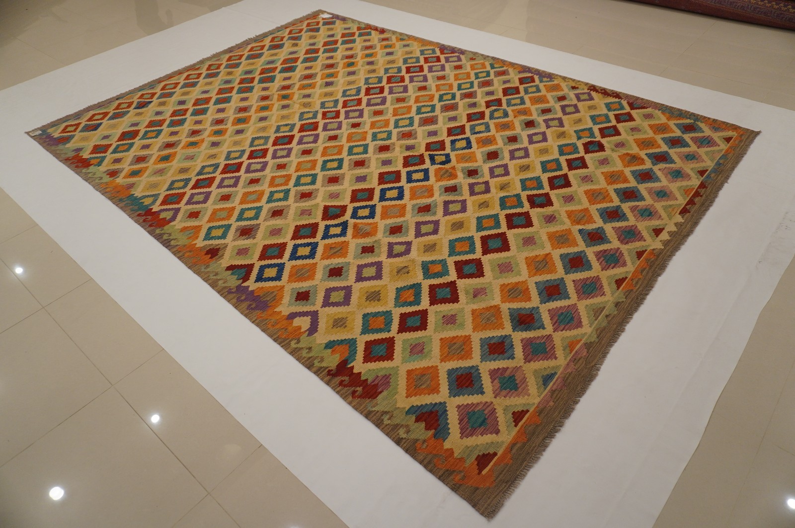 8×11 ft Beige Afghan Handmade Geometric Wool Kilim Area Rug (8’4″x11’4″)