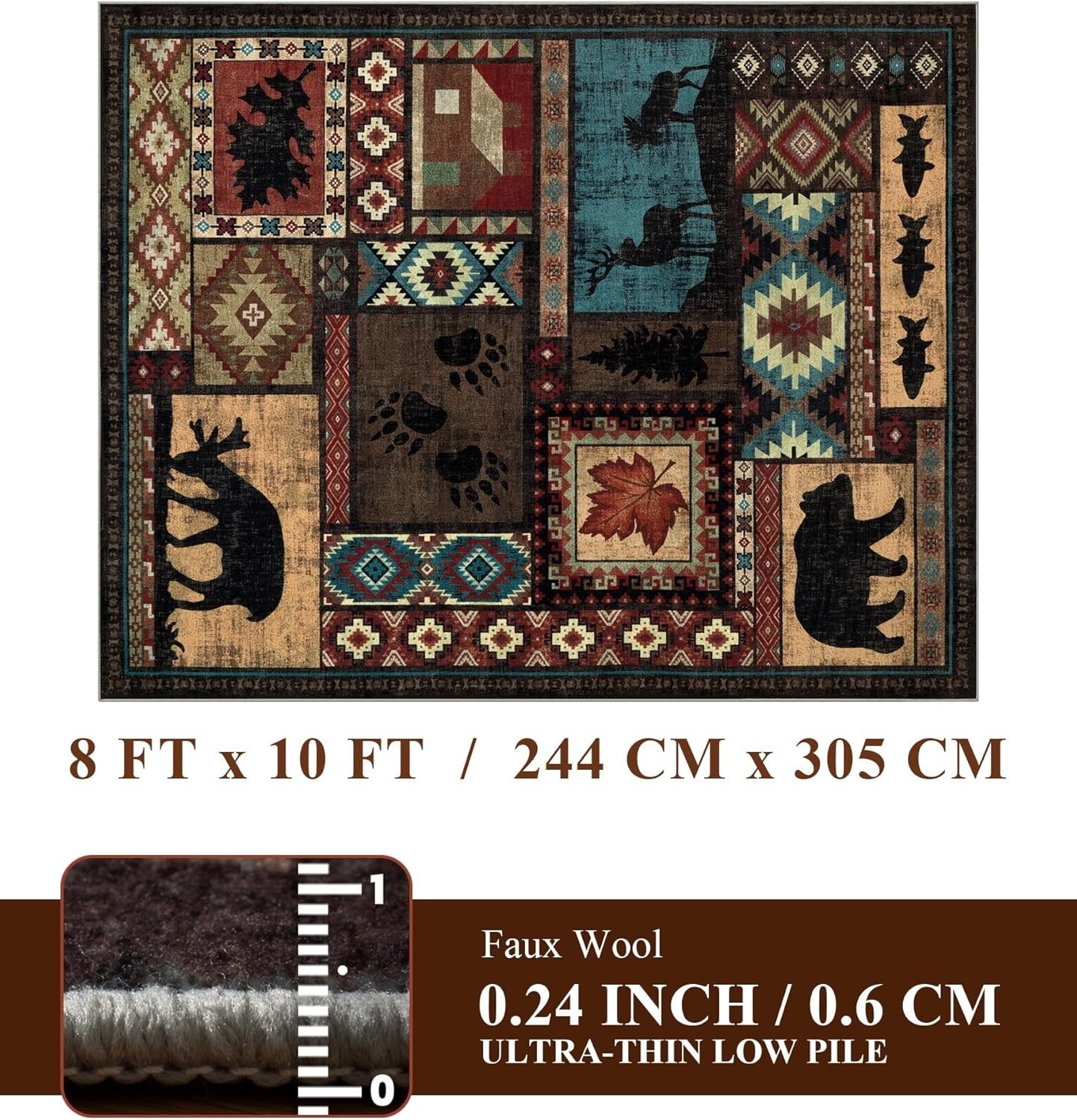 Rustic Cabin Area Rug 8×10,Machine Washable Lodge Bear Rug,Non-Slip Low Pile Pri