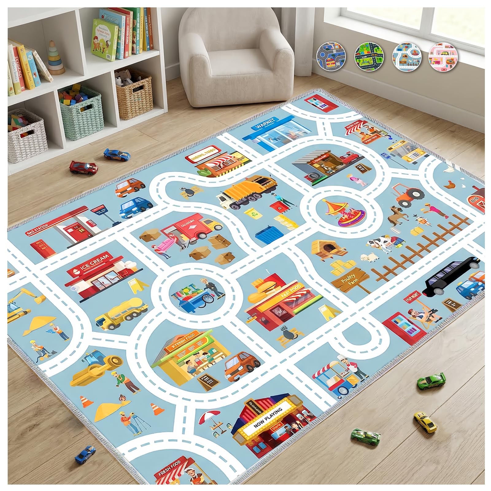Car Road Playmat 31x47in Non Slip Washable City Map Rug for Kids Room – Safe