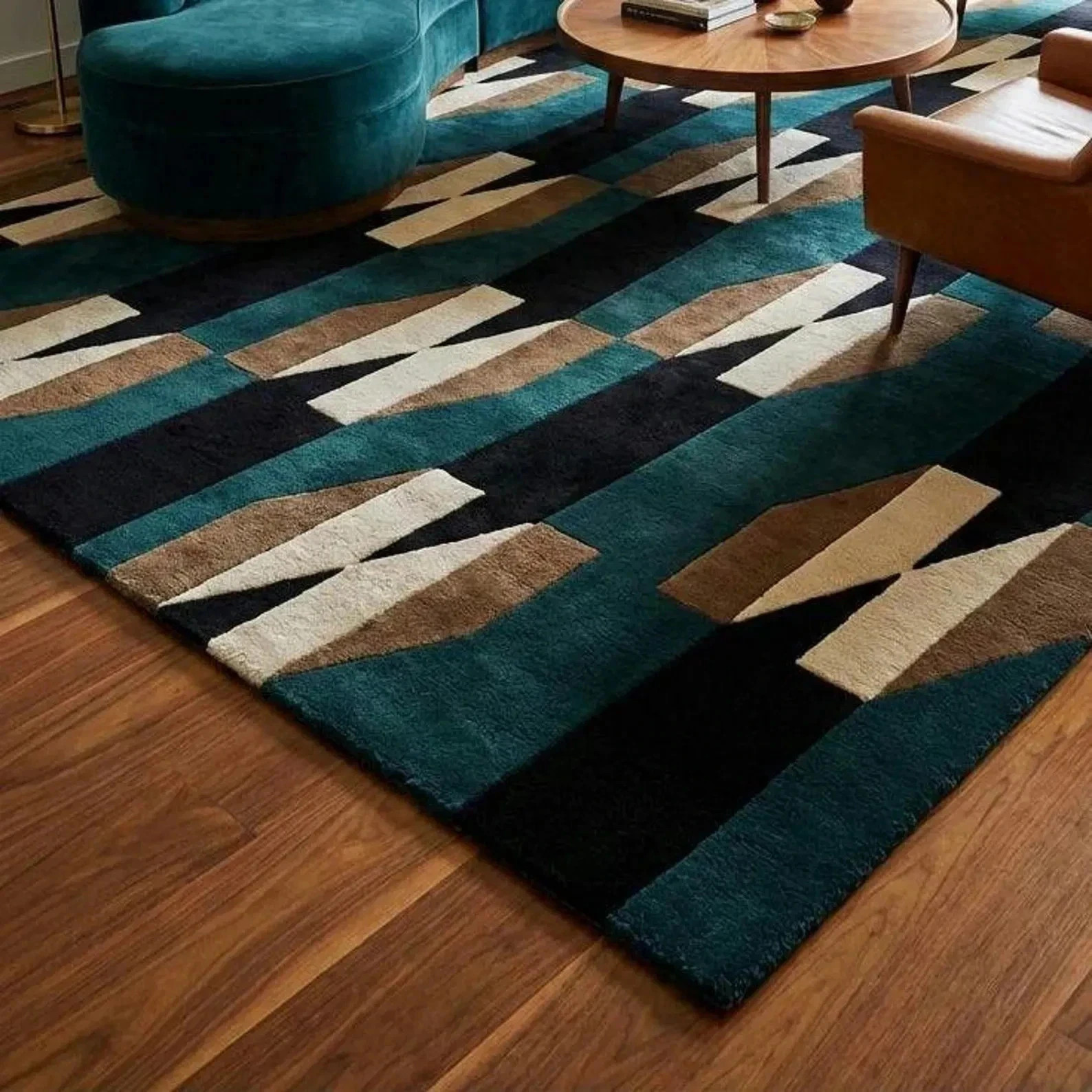 Hand Tufted Teal Geometric Area Rug Modern Rug, Wool Handmade Carpet 6×9