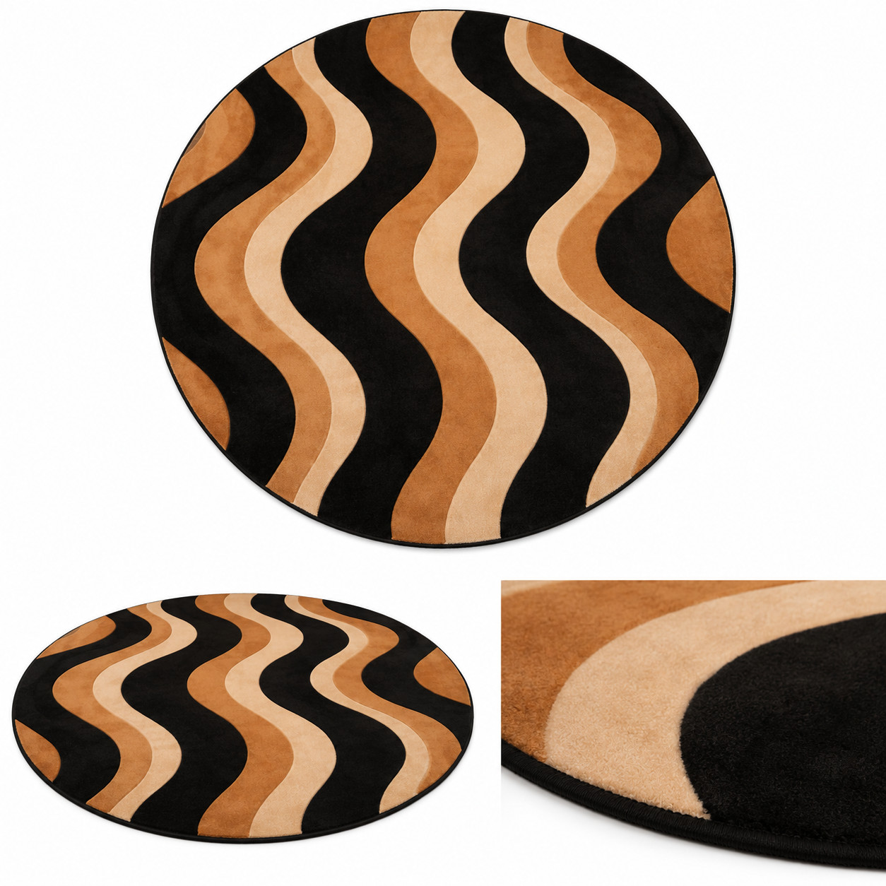 Modern Abstract Round Area Rug Black Beige Brown Wavy Design Carpet Living Room
