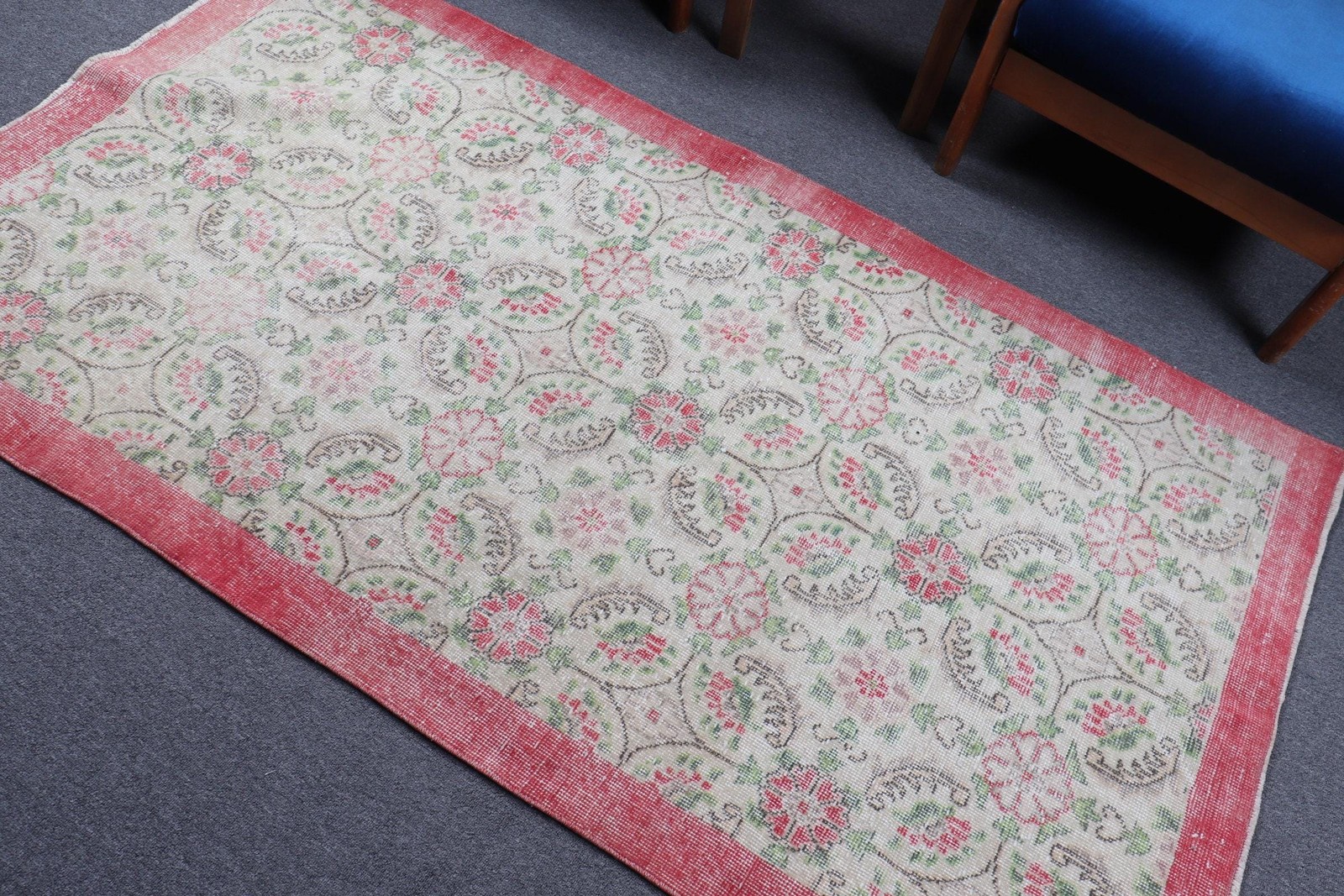 Vintage Rug, 3,7×6,7 ft Area Turkish Rug, Red Green Floral Rug