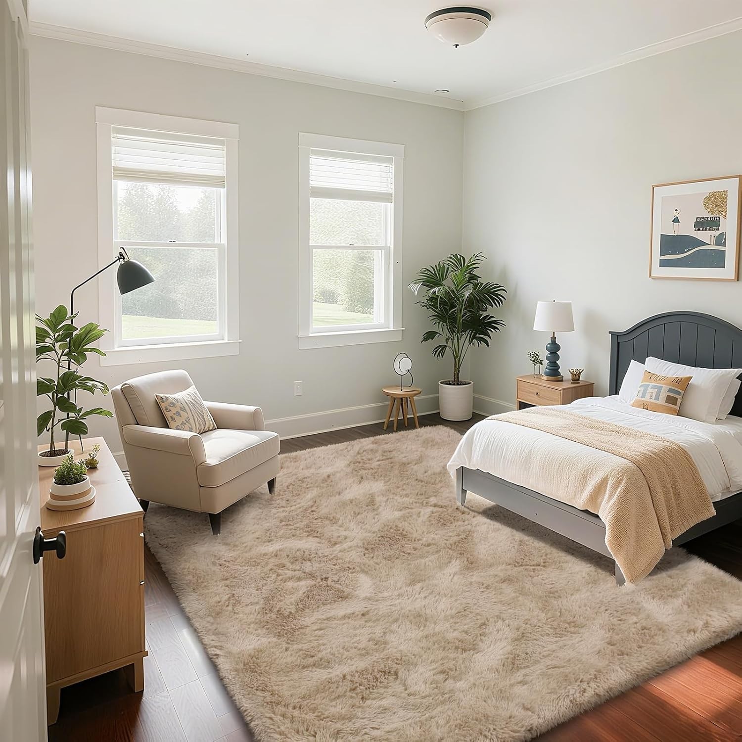 Beige Shaggy Area Rug 8×10 Faux Fur Non-Slip Soft Carpet for Living Bedroom