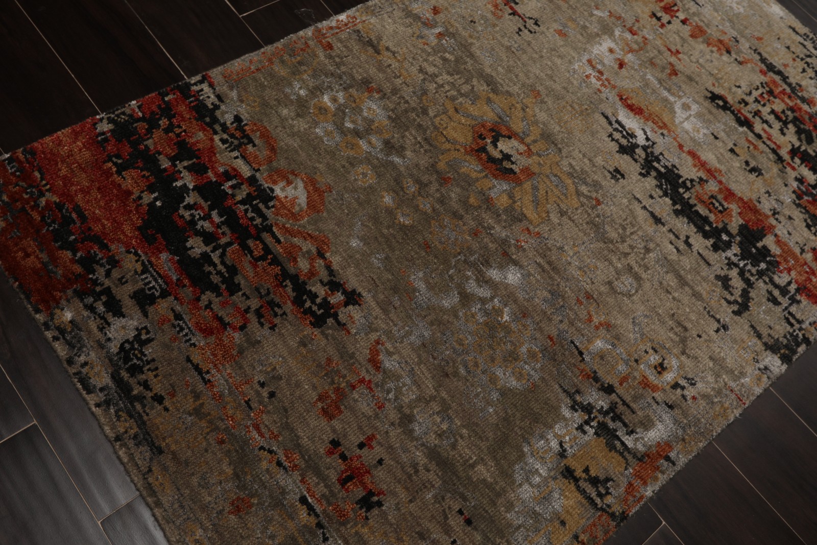 LoomBloom 3×5 Hand Knotted Wool & Silk Gray Tibetan Modern Area Rug