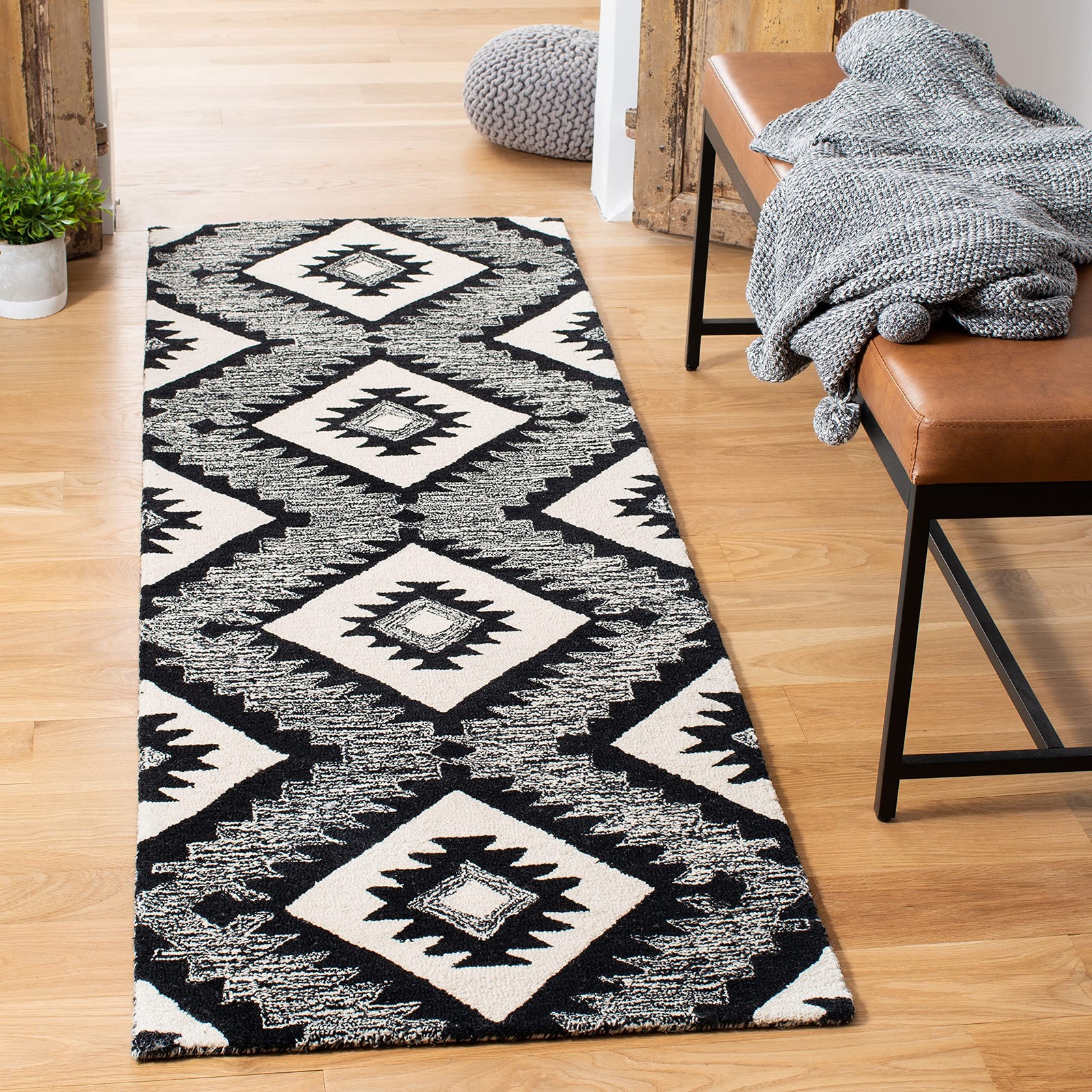 Aspen Collection Runner Rug – 2’3″ x 7′, Charcoal & Black, Handmade Wool, Ide…