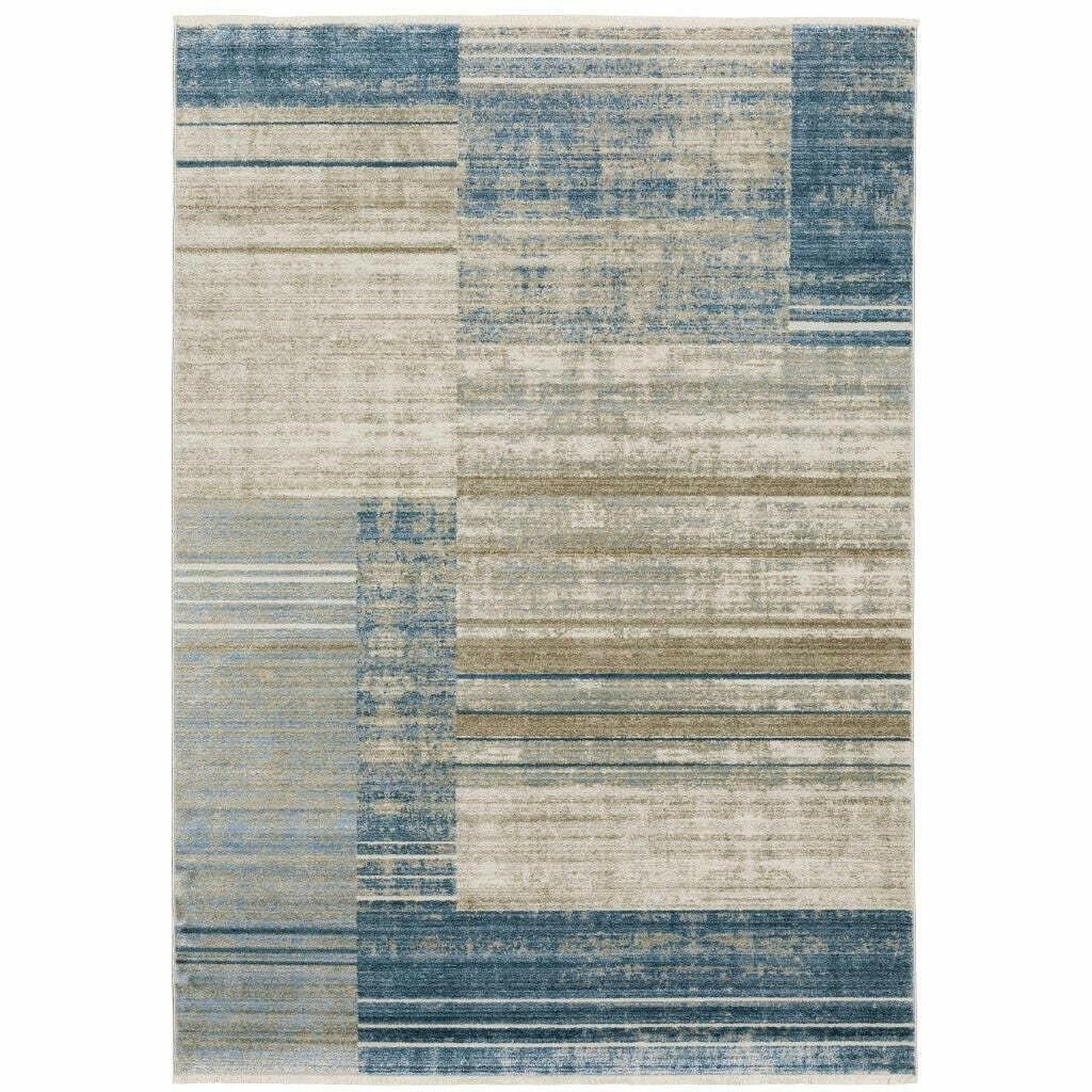 5′ X 8′ Blue Dark Blue Teal Grey Ivory Beige And Tan Geometric Power Loom Stain