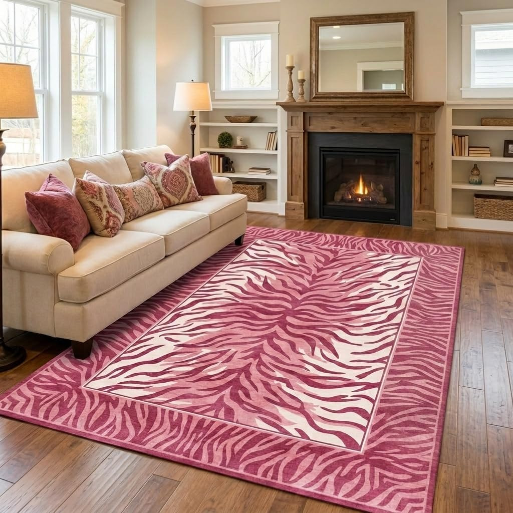 Modern Hot Pink Tiger Print 5X7 Area Rug – Non-Slip Faux Cashmere Decor