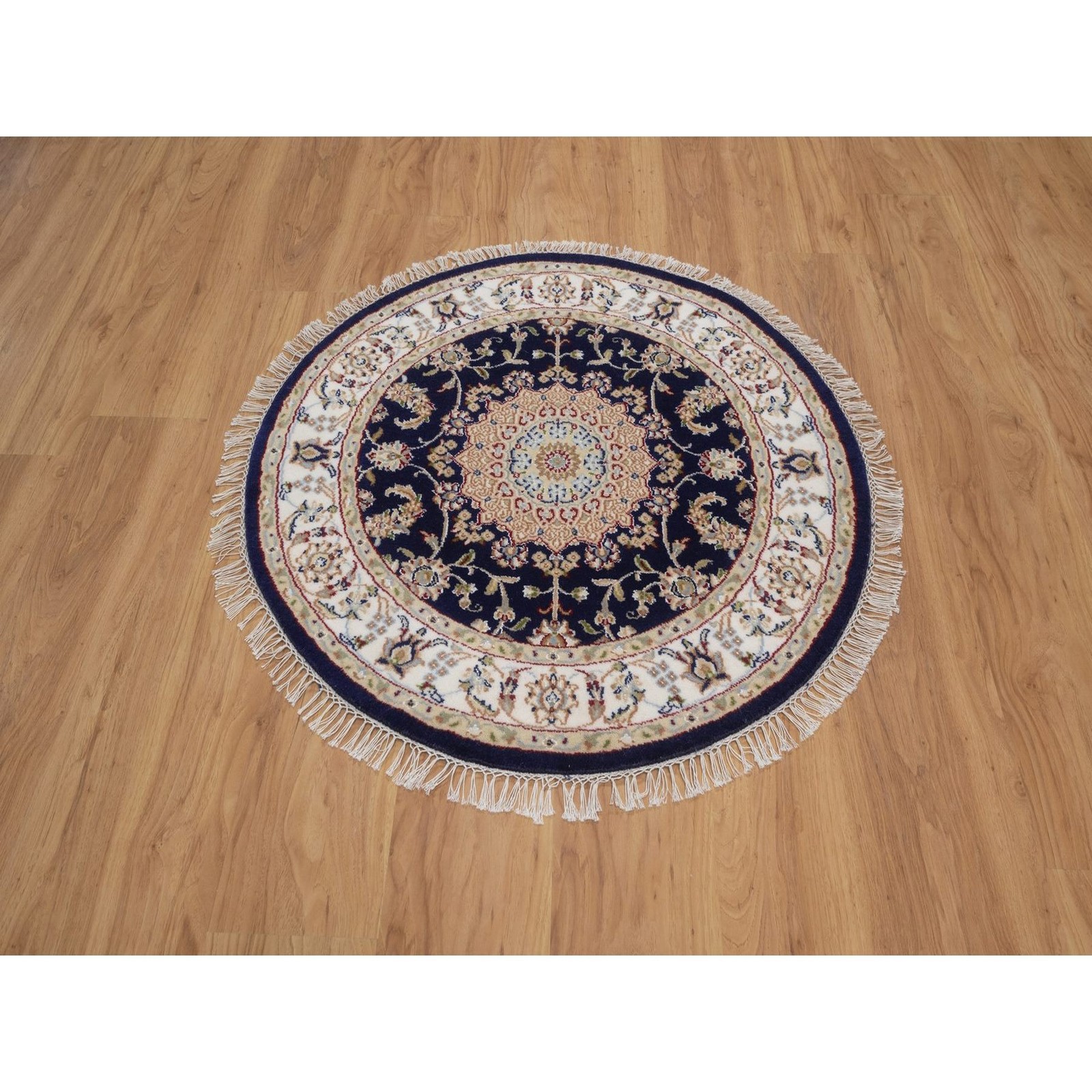 3’3″x3’3″ Midnight Blue Nain Hand Knotted Wool and Silk 250 KPSI Round Rug 92479