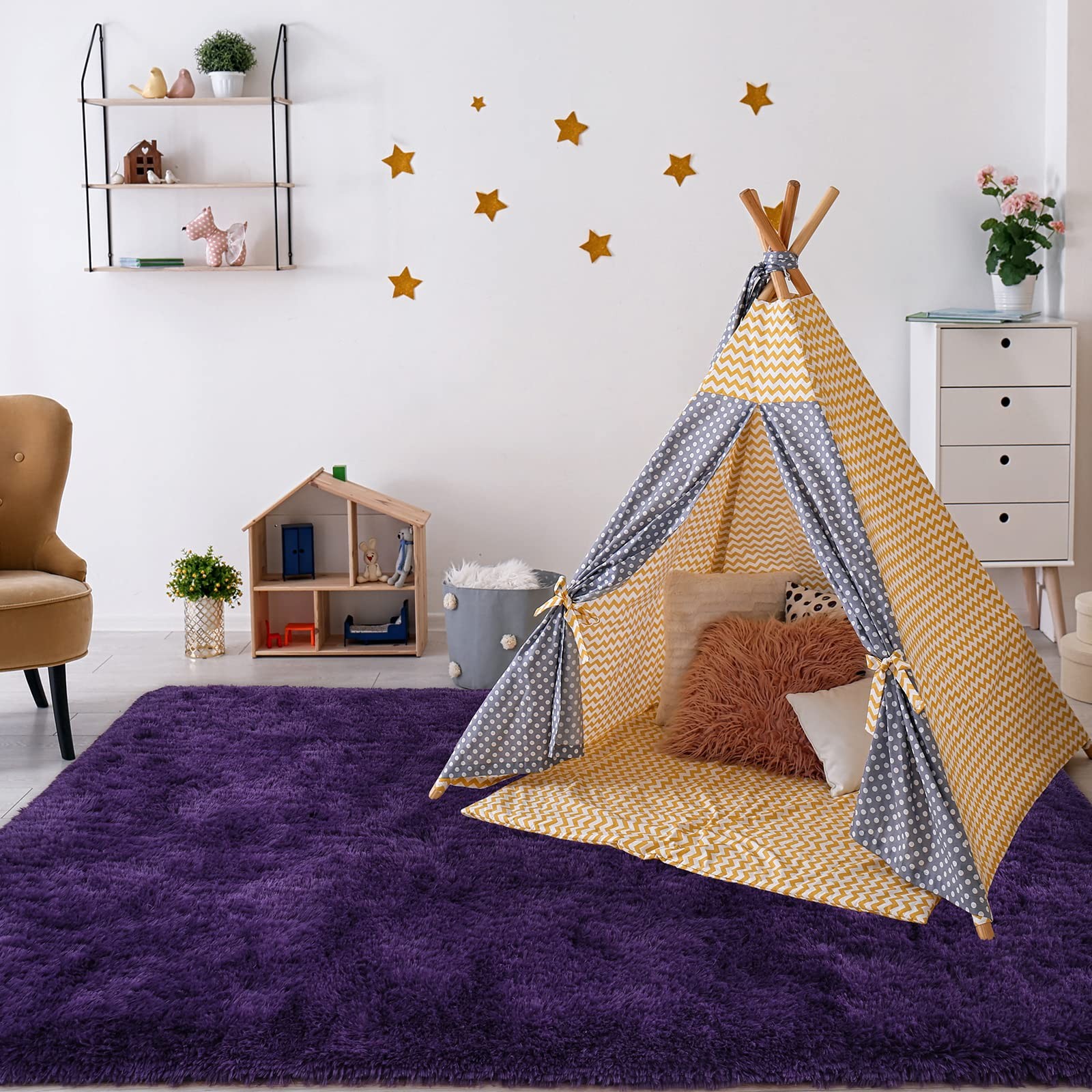 Przemy Dark Purple Area Rug for Bedroom, 4×6 Feet Fluffy Shaggy Rugs for Living
