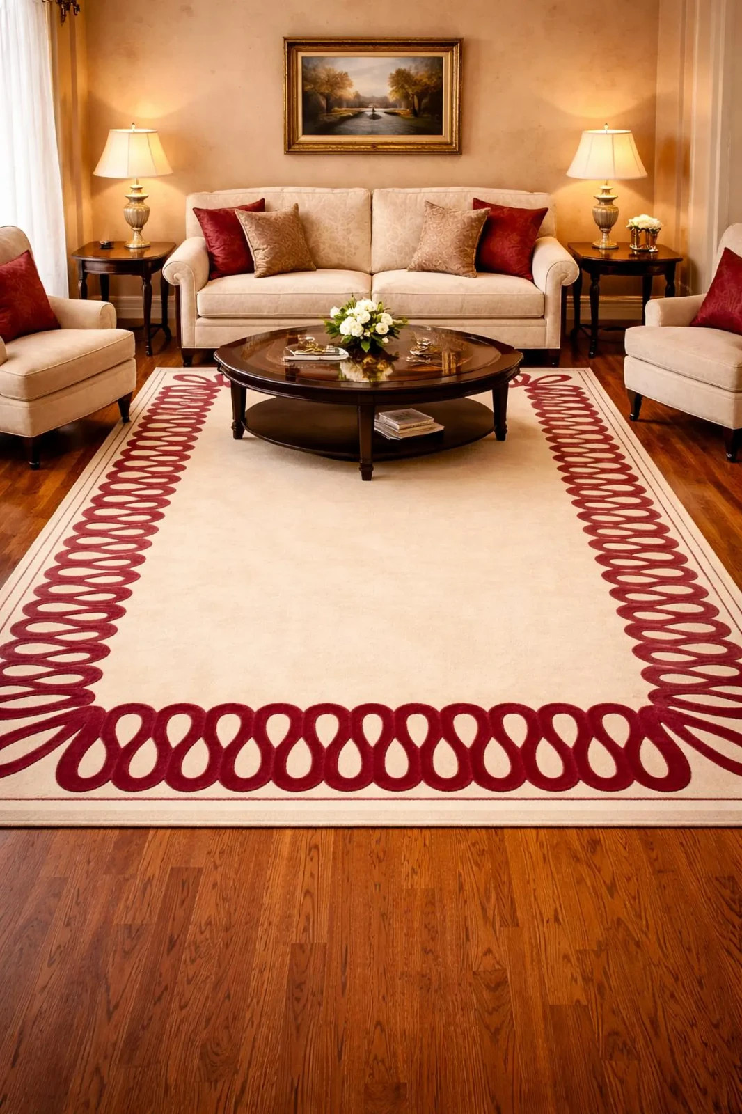 Hand Tufted Modern Loop Border Wool Rug Cream & Red Designer Area Rug for Living