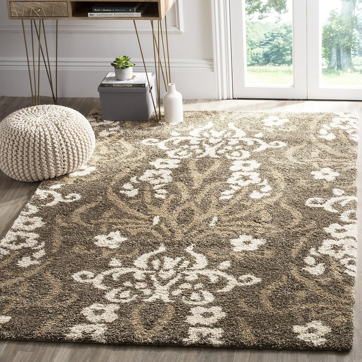Florida Shag 11′ x 15′ Smoke/Beige Floral Plush Area Rug for Any Room