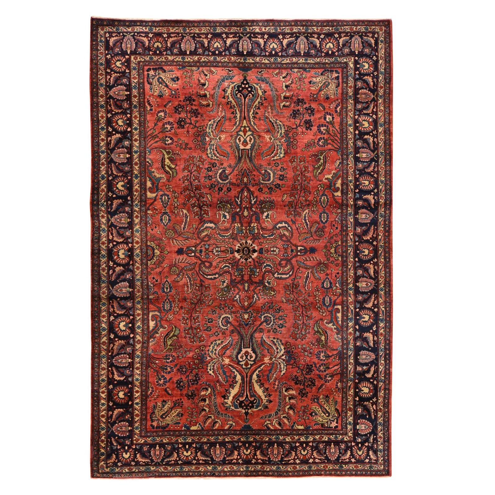 7’7″x11’9″ Red Antique Zoroastrian Saroogh Clean and Soft Hand Knotted Wool Rug