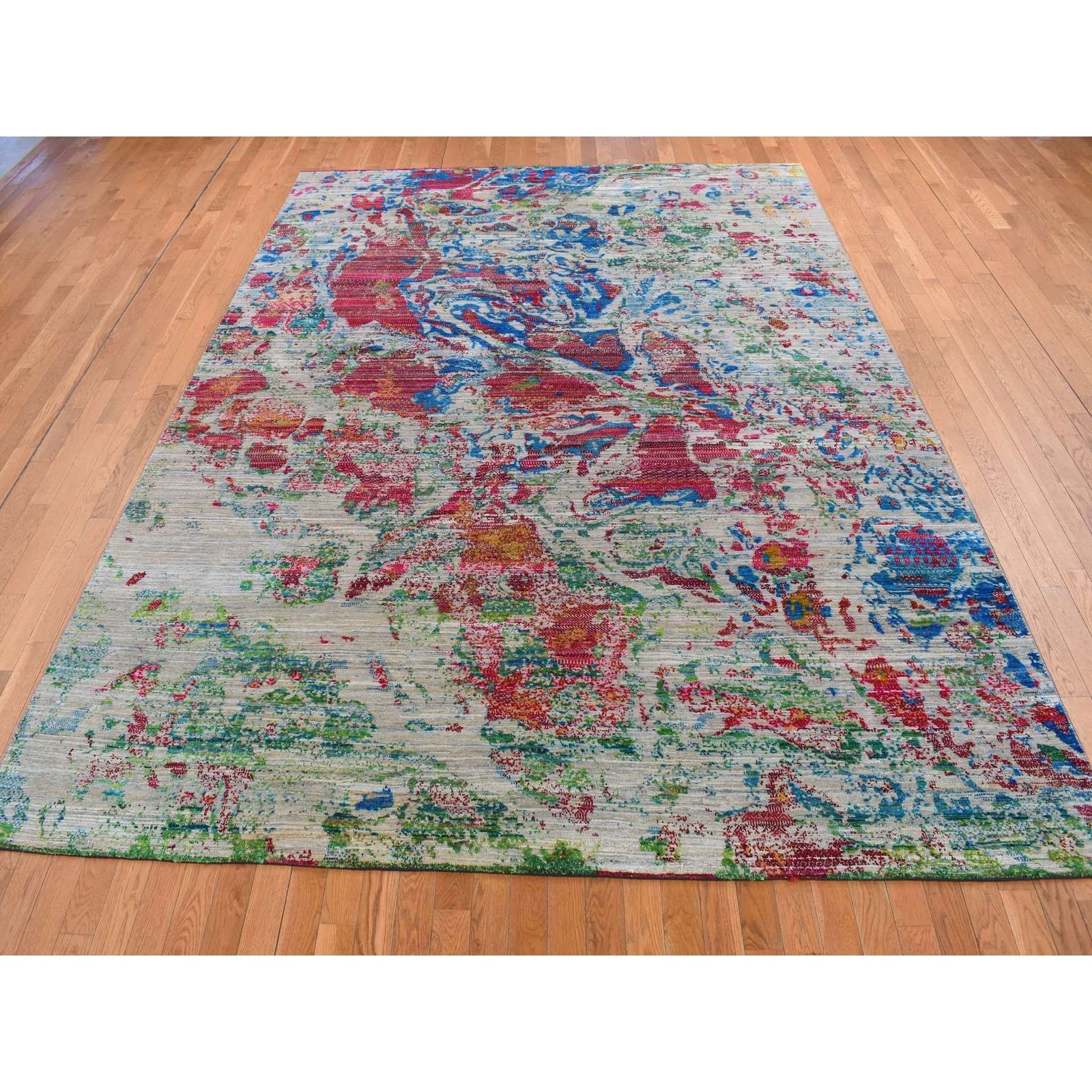 8’10” x 12’2″ Gray Abstract Design Sari Silk with Wool Hand Knotted Rug R87140