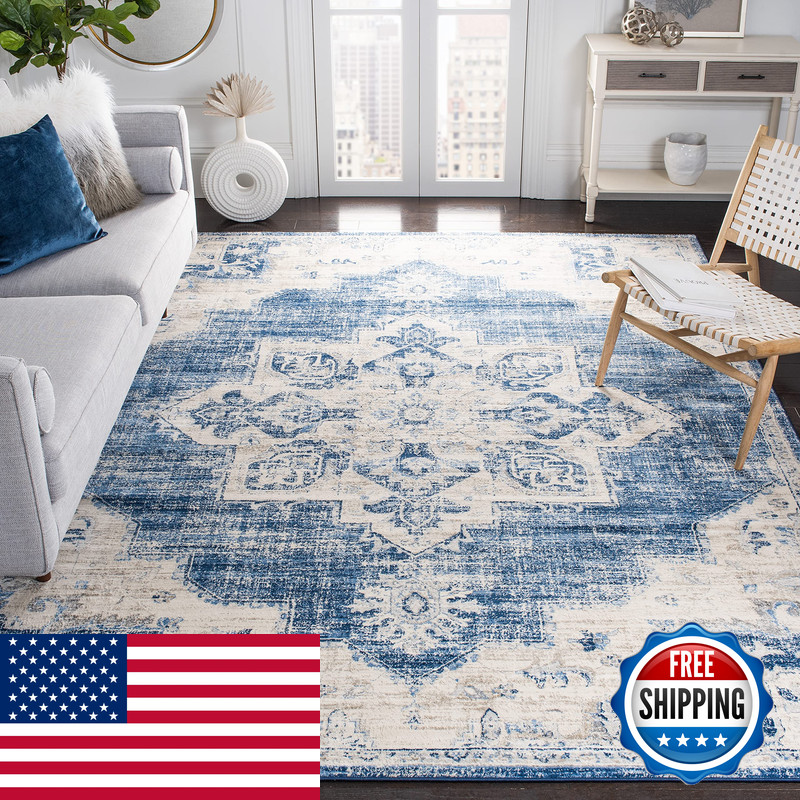 Safavieh Brentwood Collection Area Rug – 67 Square Ivory Navy Medallion