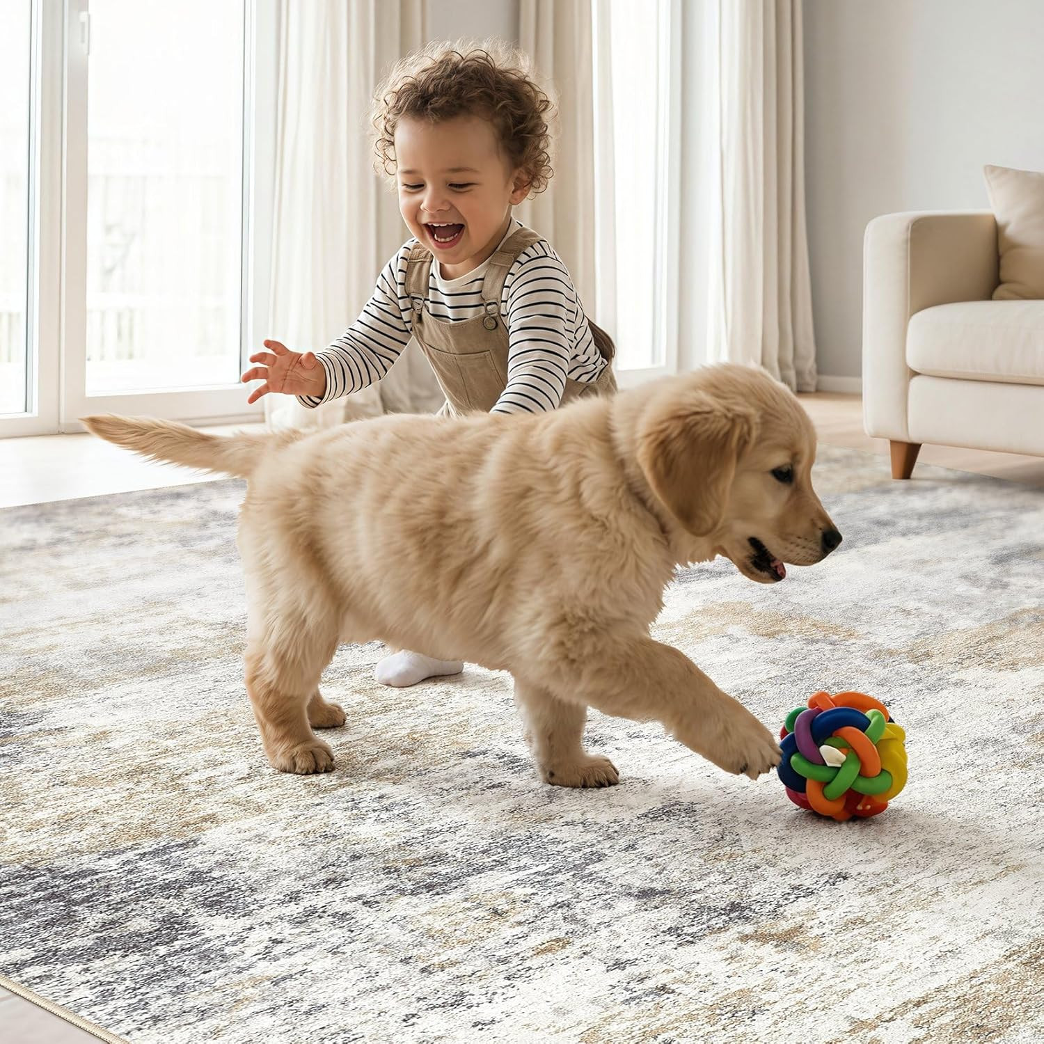Modern 8×10 Washable Area Rug – Soft Non-Slip Indoor Carpet in Goldbrown