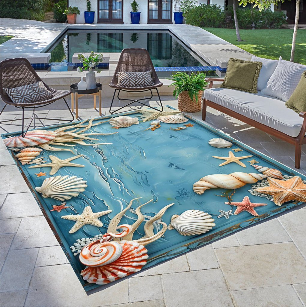 Coastal Theme Beachy Outdoor Waterproof Rug Washable Modern Vibrant Cute Carpets
