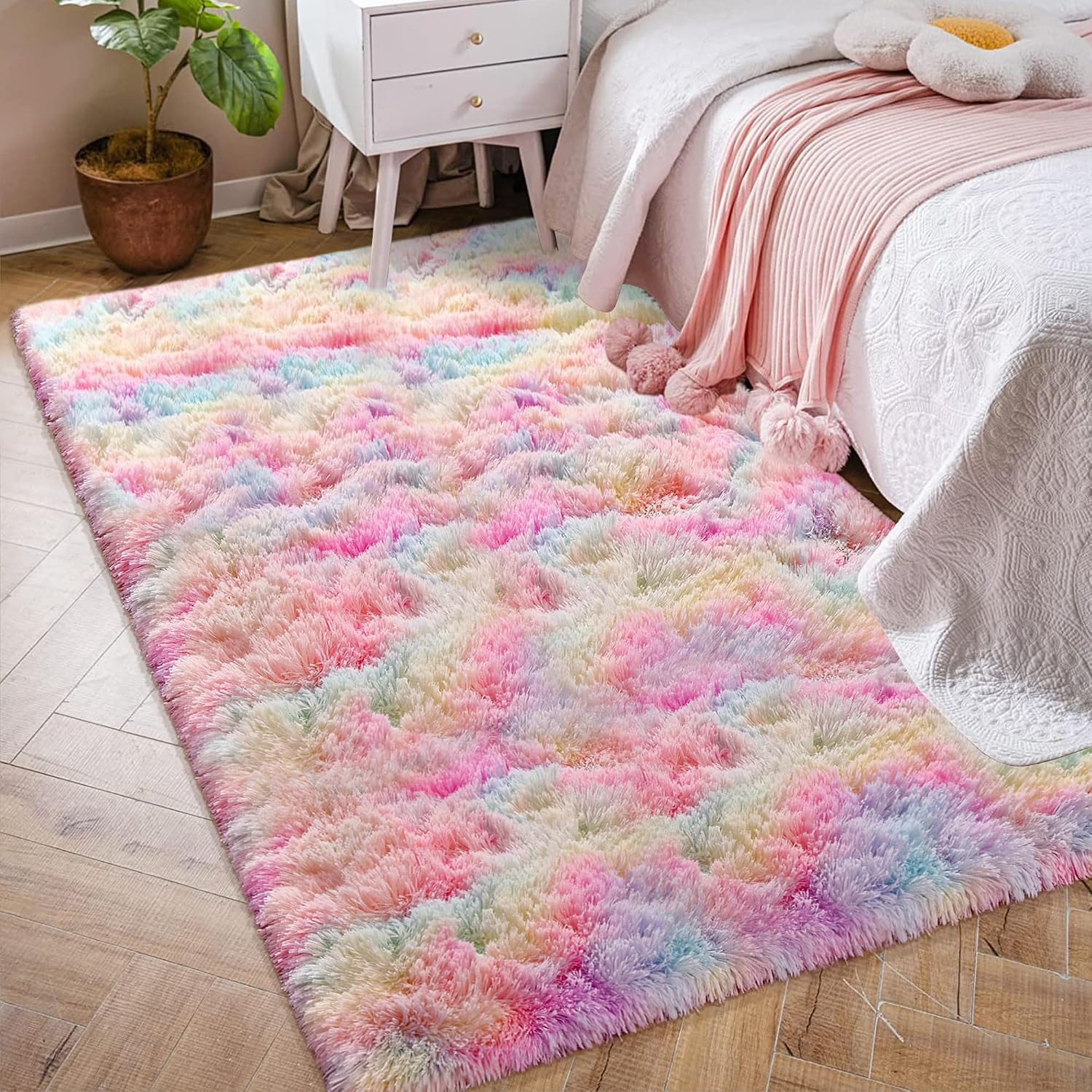 4’X6′ Soft Fluffy Unicorn Rainbow Rug Girls Bedroom Kids Colorful Plush Area Rug