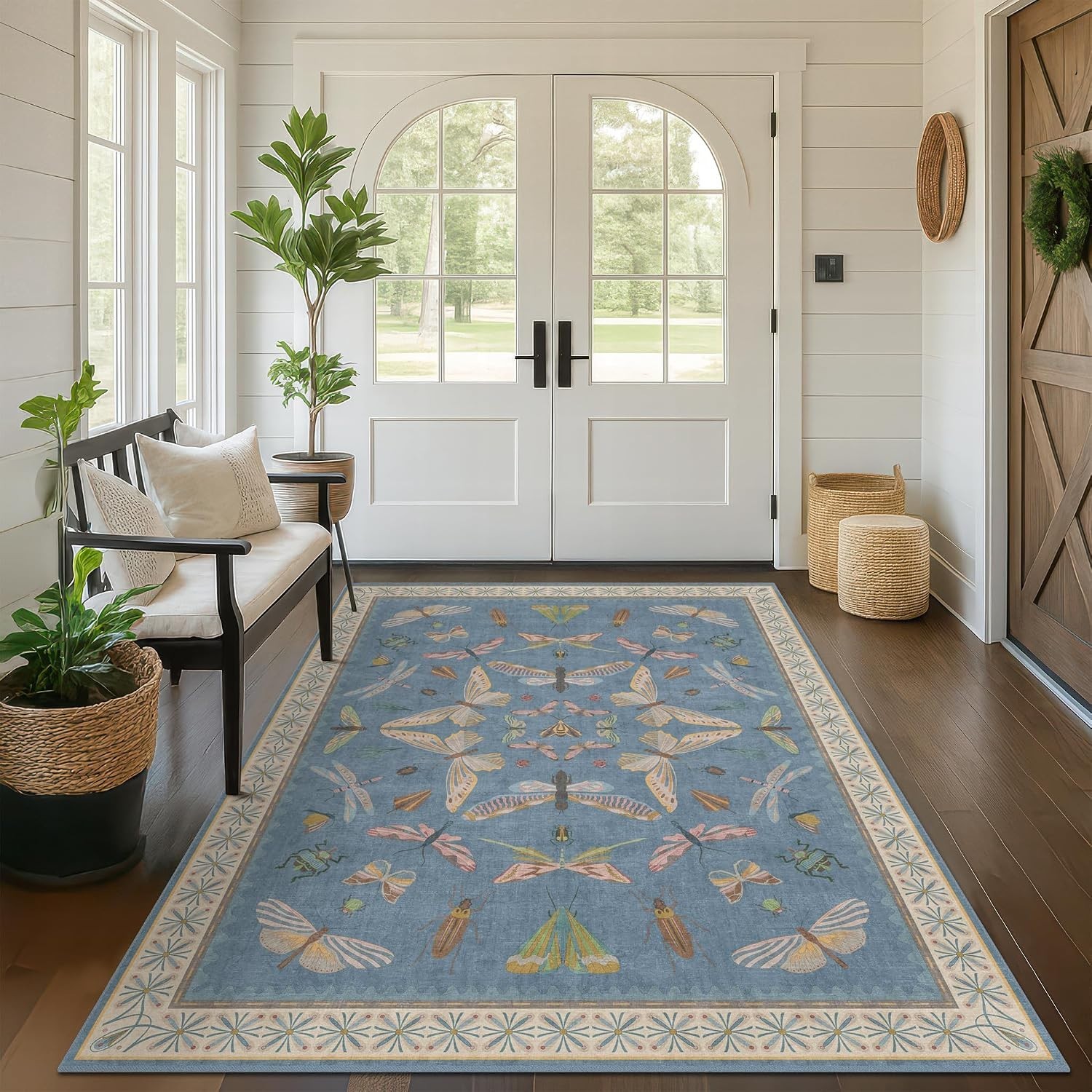 Blue Washable Kids Playroom Rug 5×7 Area Rugs for Baby Boy Bedroom Whimsy