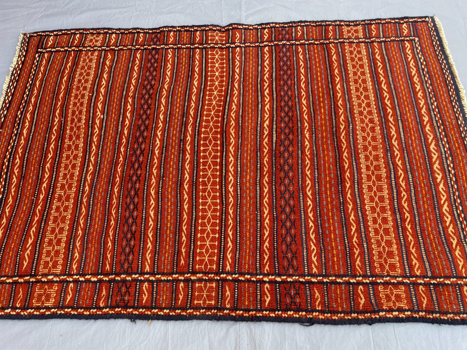 3’7 x 5’5 Ft Handwoven Afghan Soumak Kilim – Vibrant Red and Blue Tribal Design