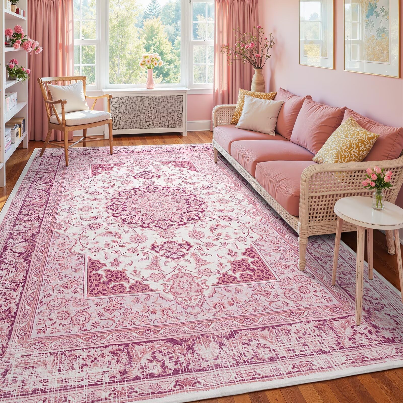 5×7 Bright Pink Area Rug for Living Room, Machine Washable Rugs with Non-Slip…