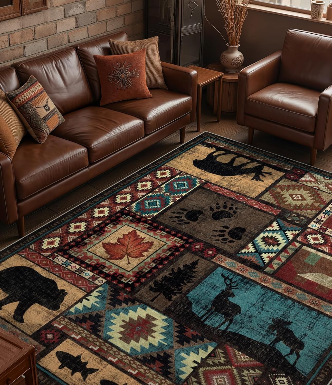 Rustic Cabin Area Rug 8×10,Machine Washable Lodge Bear Rug,Non-Slip Low Pile Pri