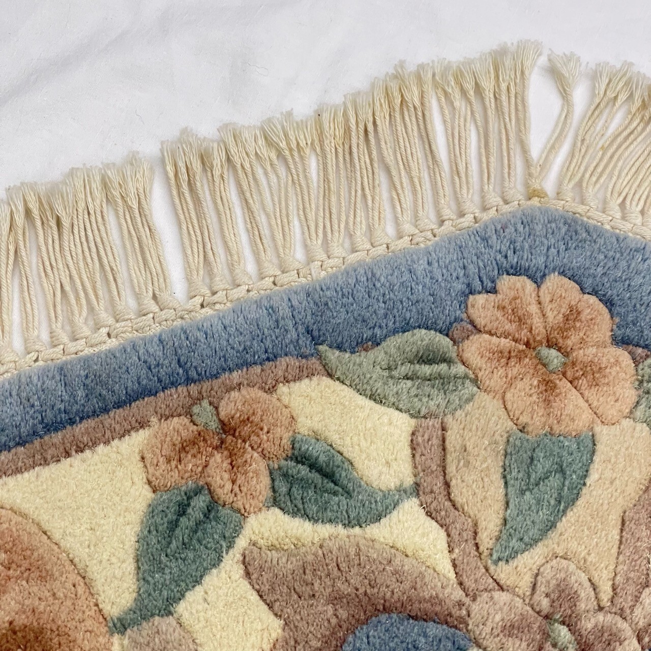 3x3FT Handmade Octagonal Chinese Area Wool Rug Flowers Fringe Vintage 70s