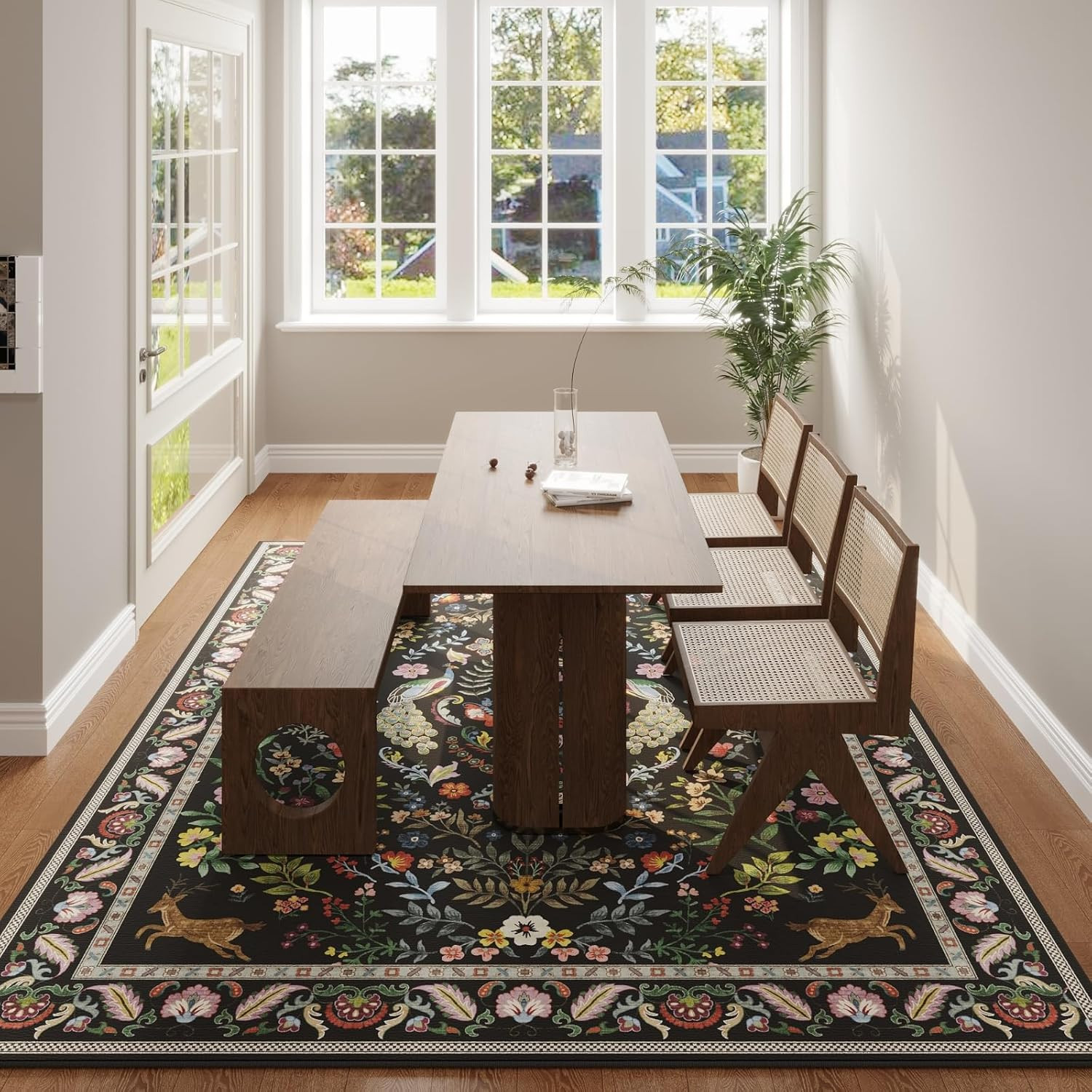 Vibrant Black 9×12 Washable Floral Area Rug for Living Room & Bedroom