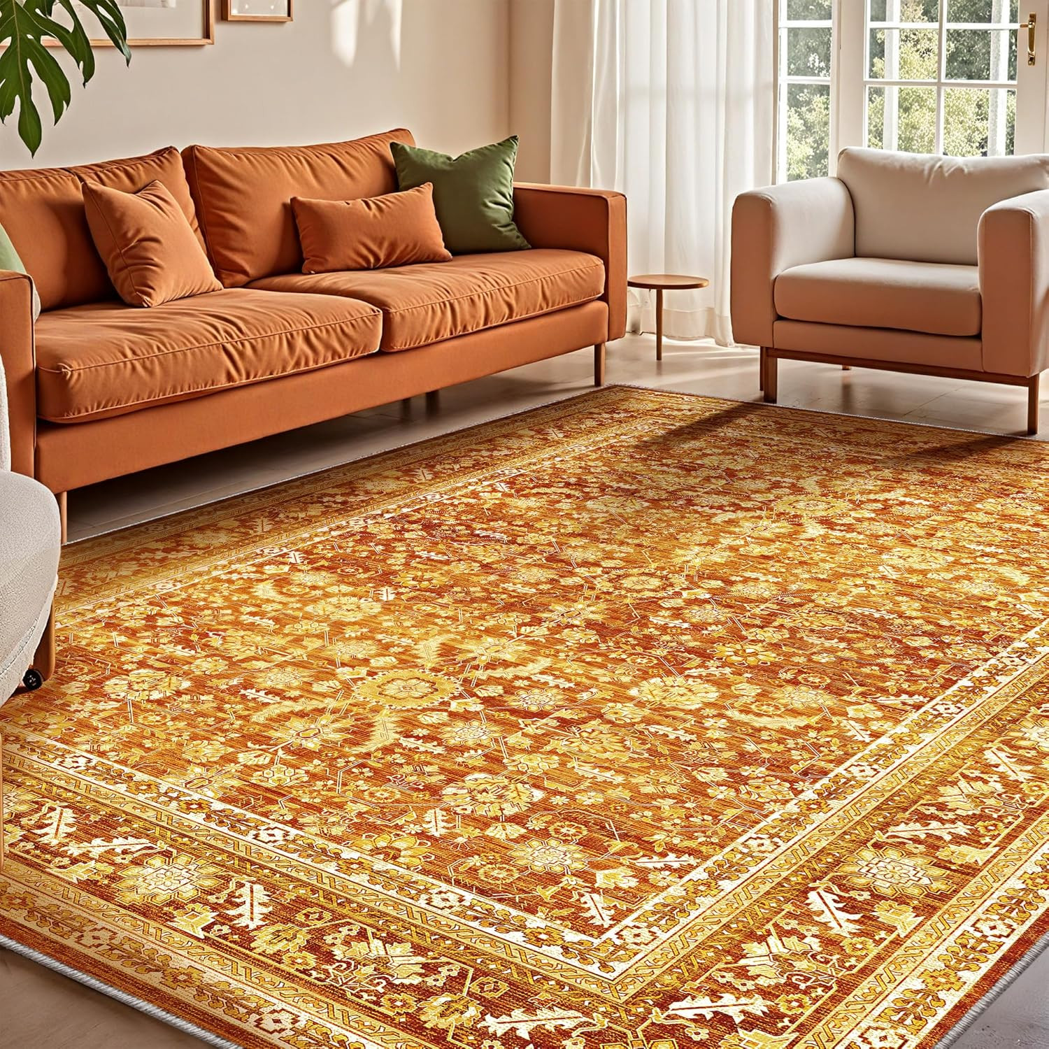 Retro Vintage Orange 8×10 Area Rug, Washable Non-Slip Low-Pile Carpet