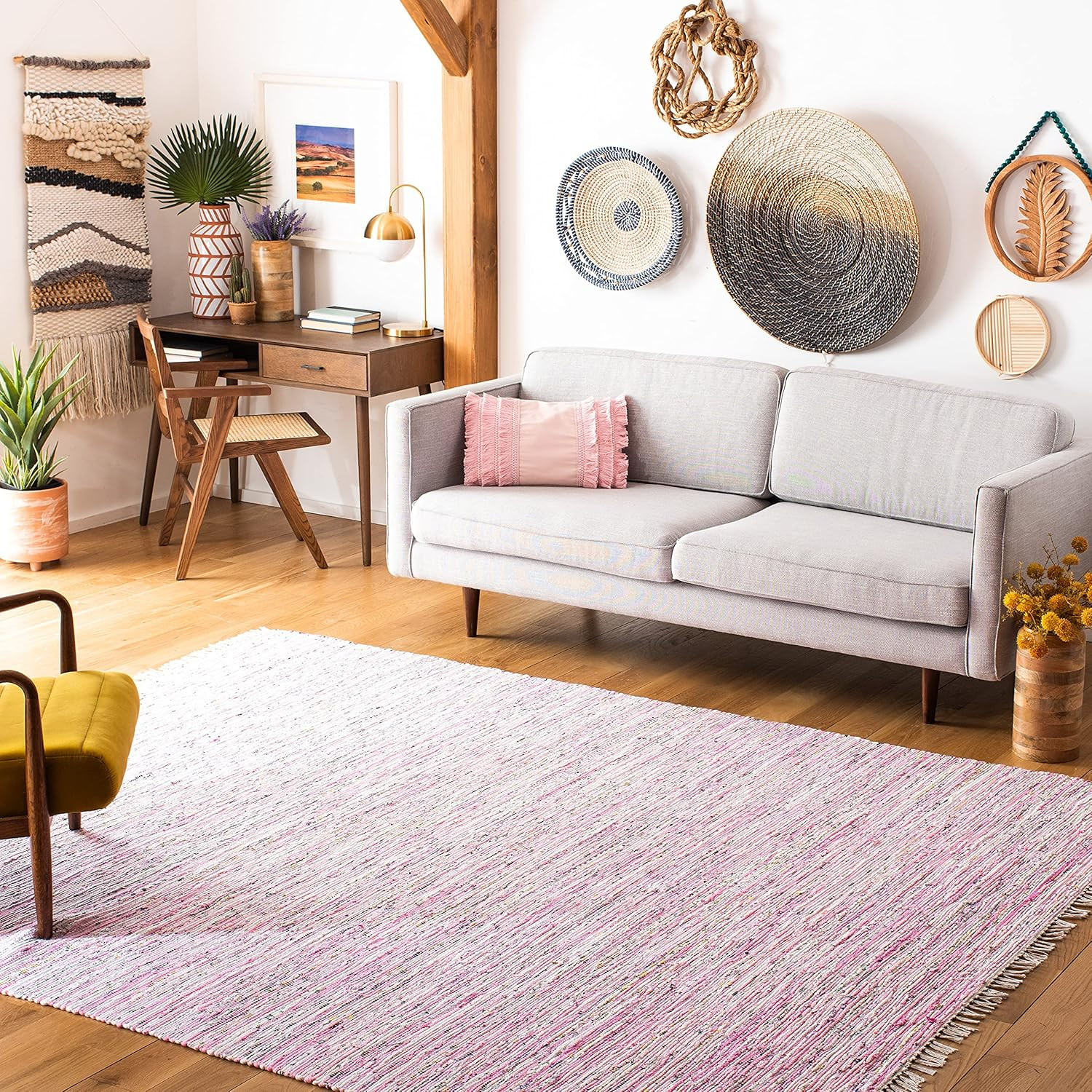 Handmade Boho Stripe Rag Rug – 6′ Square, Light Pink & Multi, Durable Design