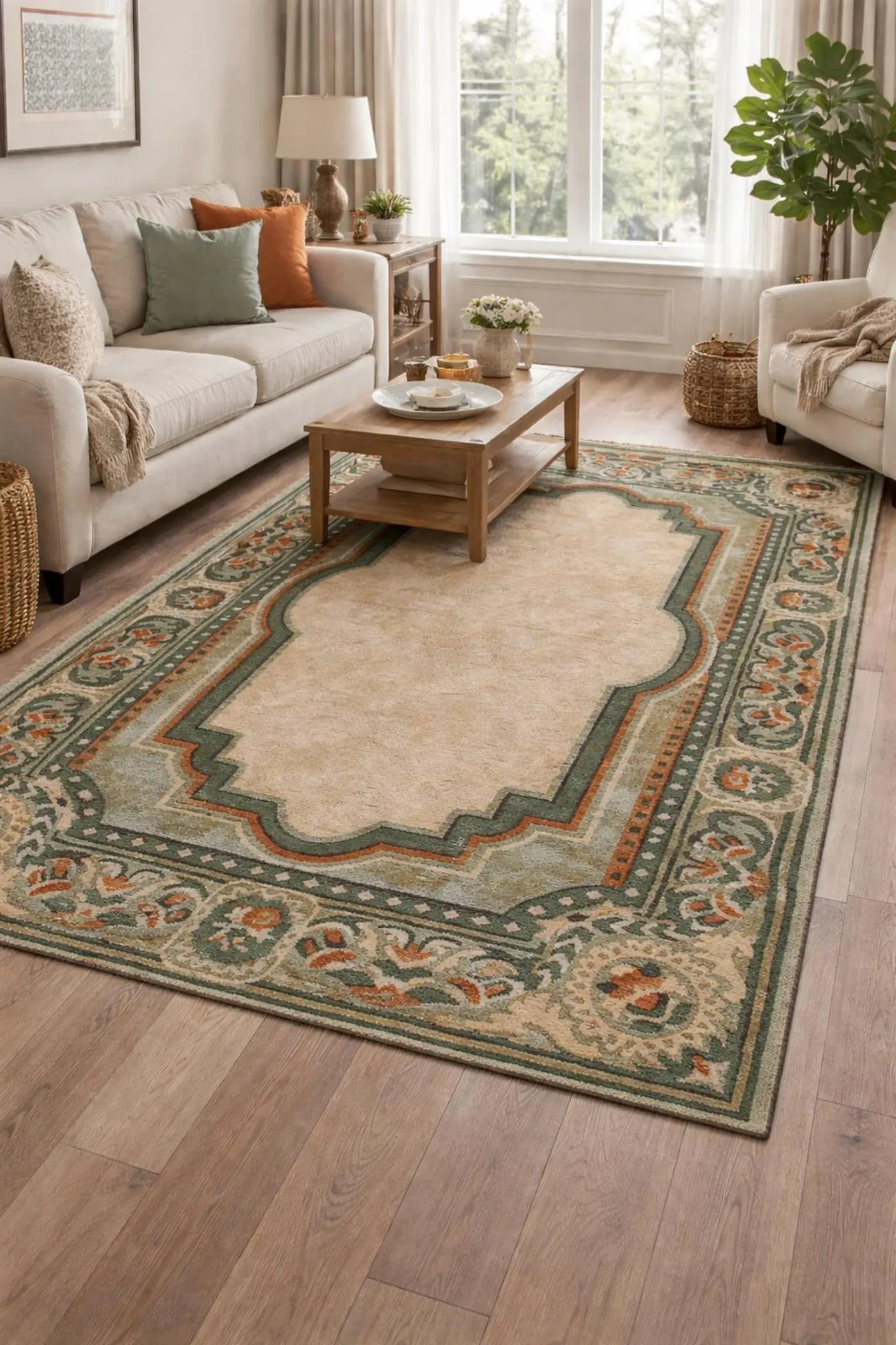 Hand Tufted Wool Area Rug | Sage Green Floral Border For Living Room carpet