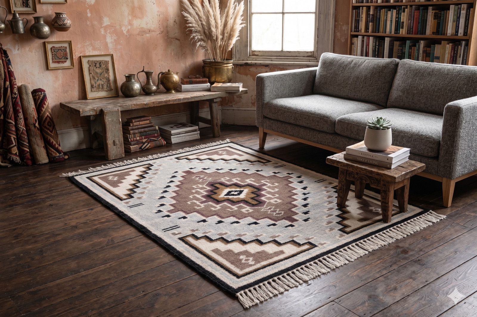 Navajo Medallion Kilim Rug Handwoven Ivory Brown Southwestern Wool Flatweave