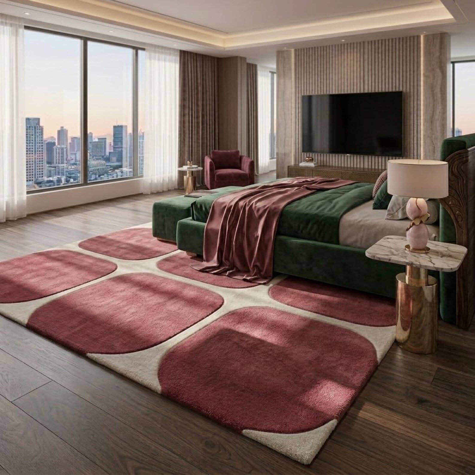 Modern Geometric Wool Rug Rose Pink Burgundy Rounded Block Hand Tufted Area Rug