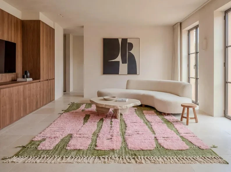 Green & Pink Bohemian Rug – Handmade Moroccan Wool Area Rug