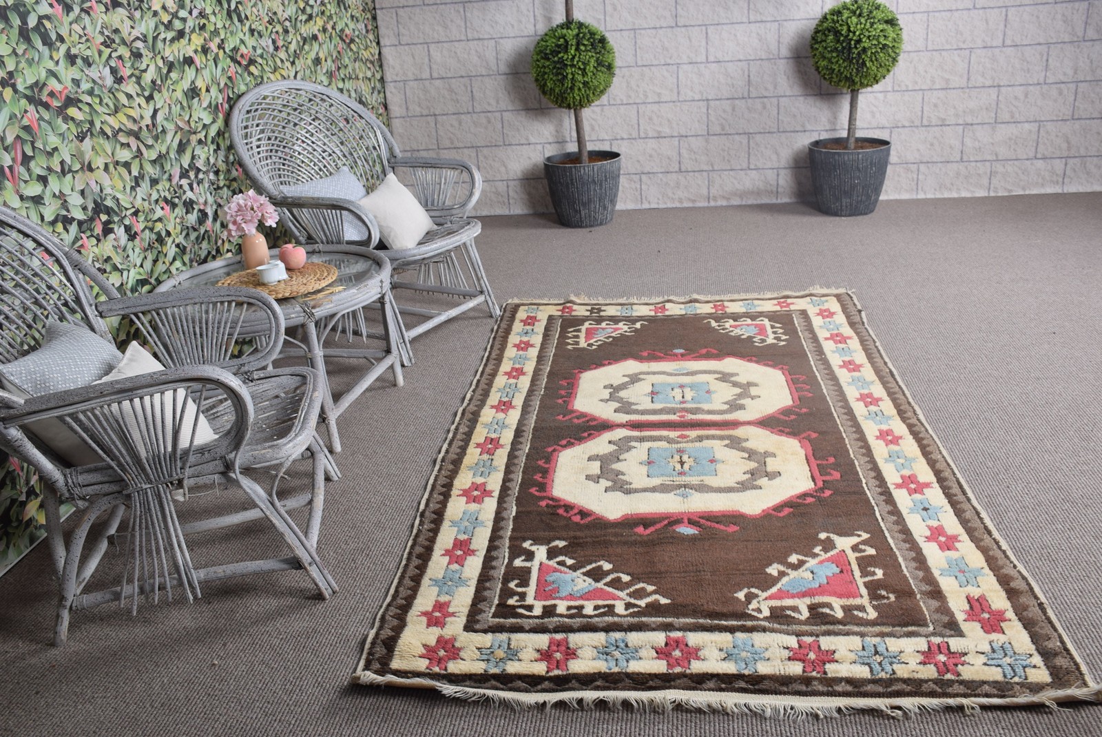 4,4×7,4 ft Vintage Rug, Area Turkish Rug, Brown Check Rug