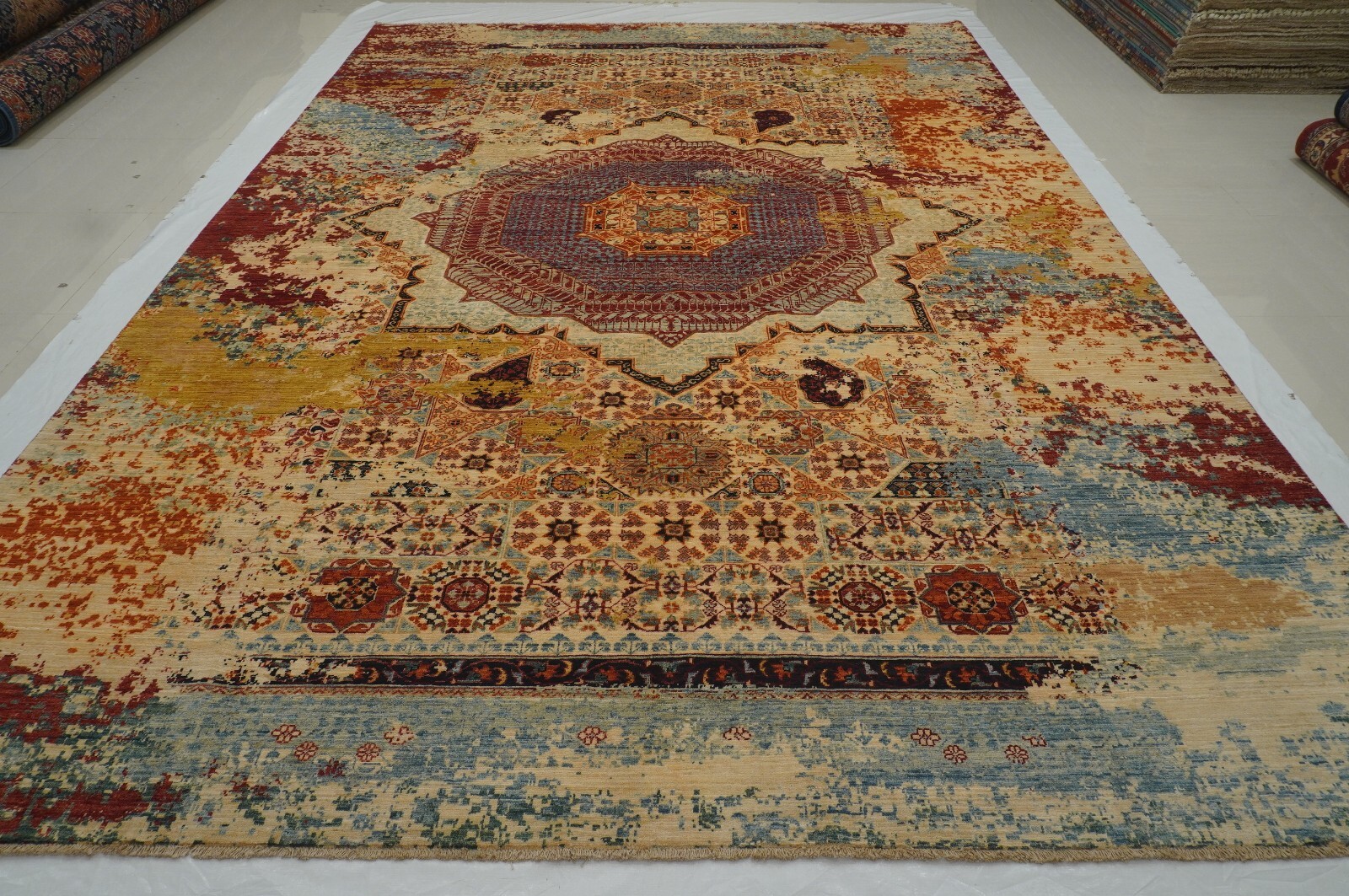 10 x 14 ft Beige Modern Mamluk Hand Knotted Wool Abstract Medallion Rug