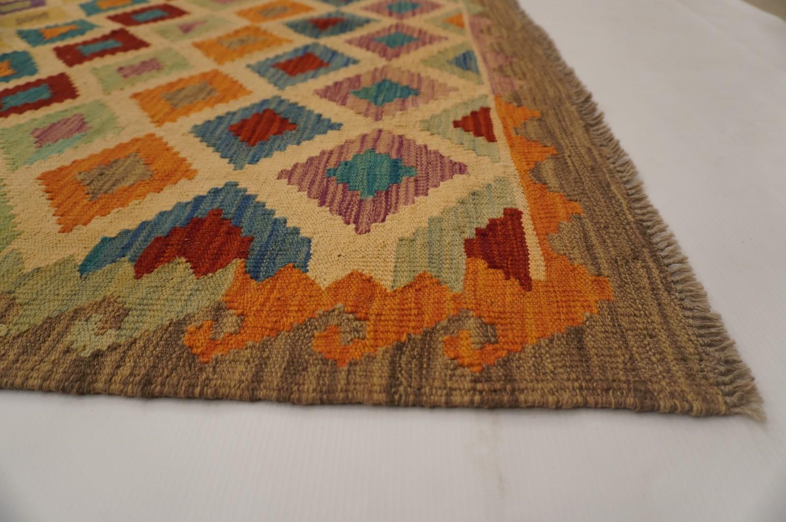 8×11 ft Beige Afghan Handmade Geometric Wool Kilim Area Rug (8’4″x11’4″)