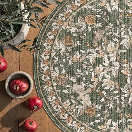 Floral Round Area Rug 8ft Washable Vintage Soft Non-Slip Distressed Circle Carpe