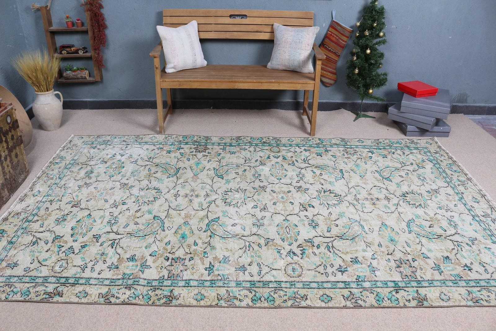 5,6×9,4 ft Vintage Rug, Turkish Large Rug, Blue White Striped Rug