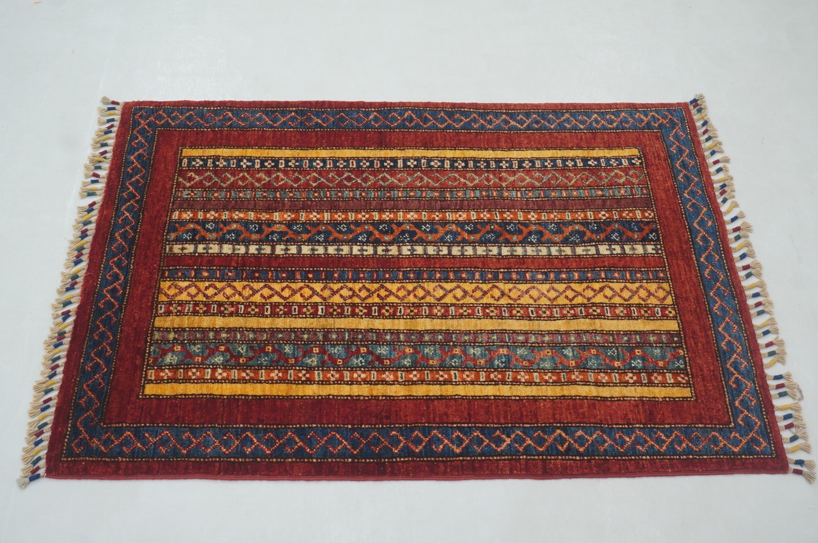 3×4 ft Red Turkish Shawl Striped Hand Knotted Wool Tribal Area Rug