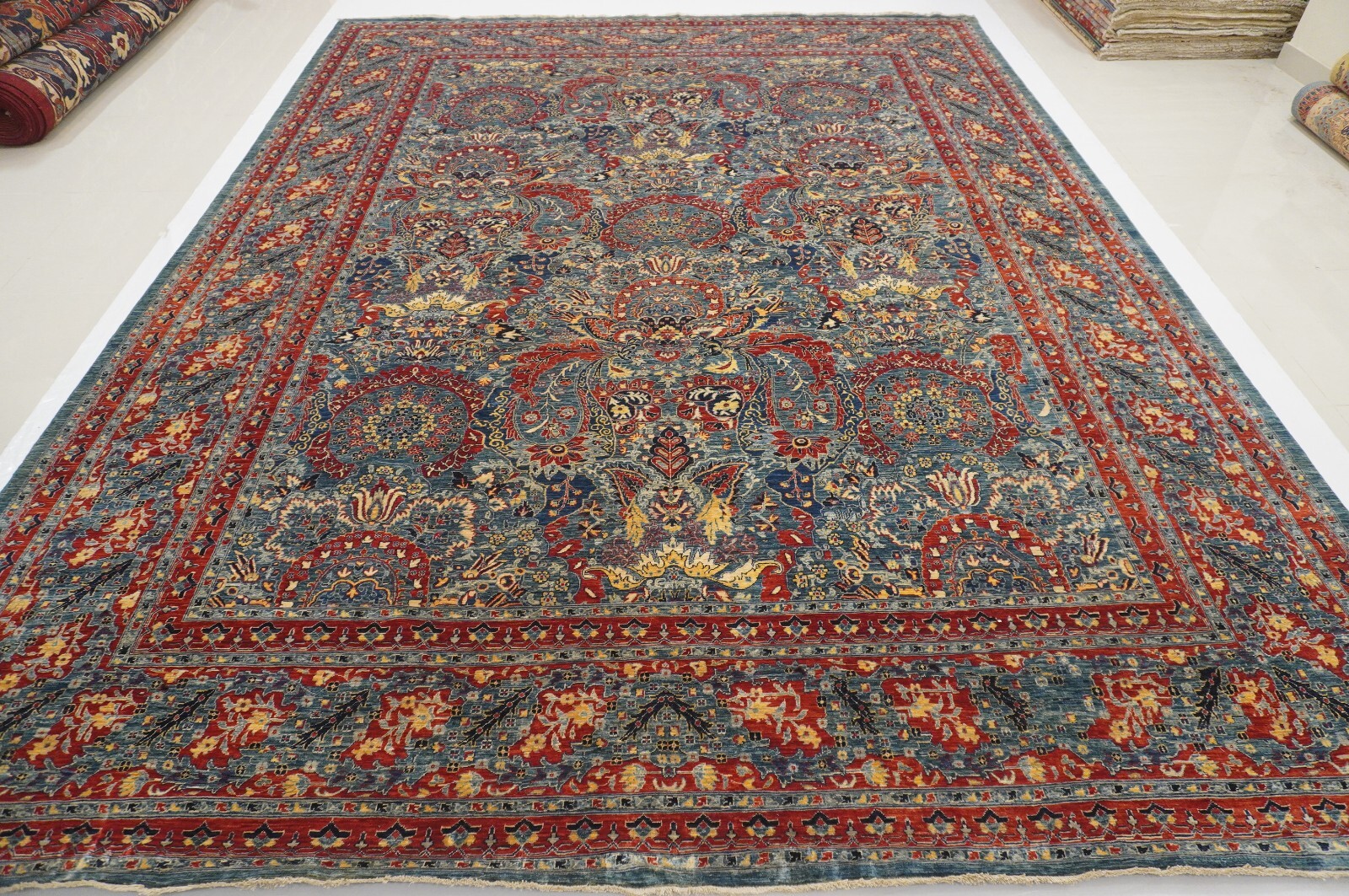 10 x 13 ft Green Turkish Hereke Super fine Hand Knotted Wool Geometric Rug